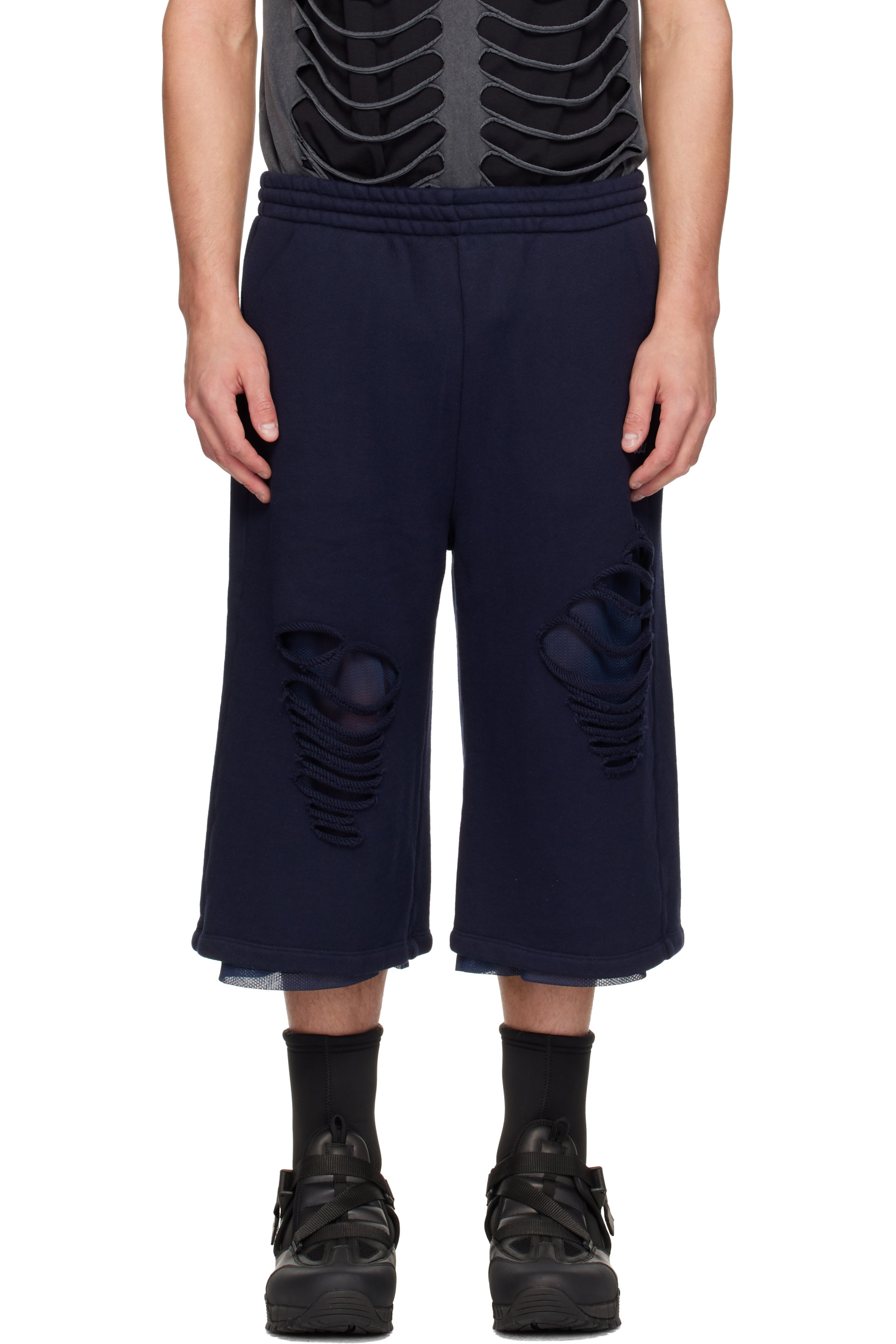 AVAVAV - Navy Logo Cut-Out Sweat Shorts