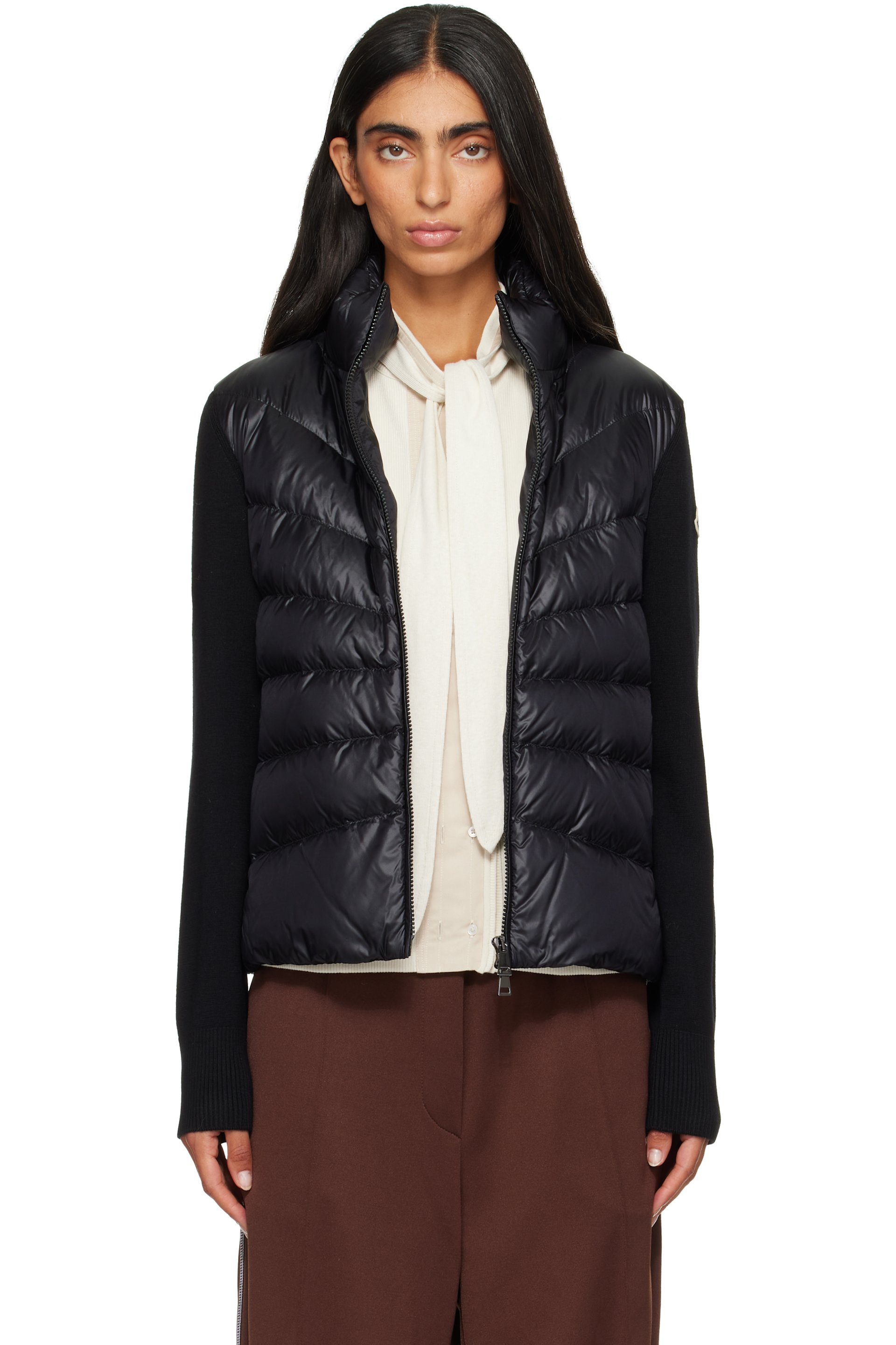 Moncler - Blouson noir en laine rembourré en duvet à glissière