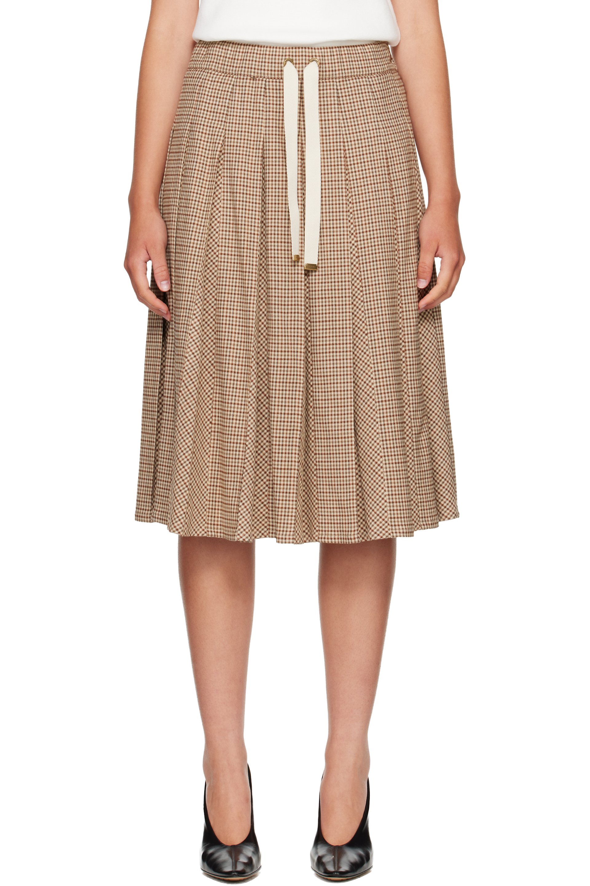 Moncler - 驼色 Viscose & Wool Stretch Microcheck 半身裙