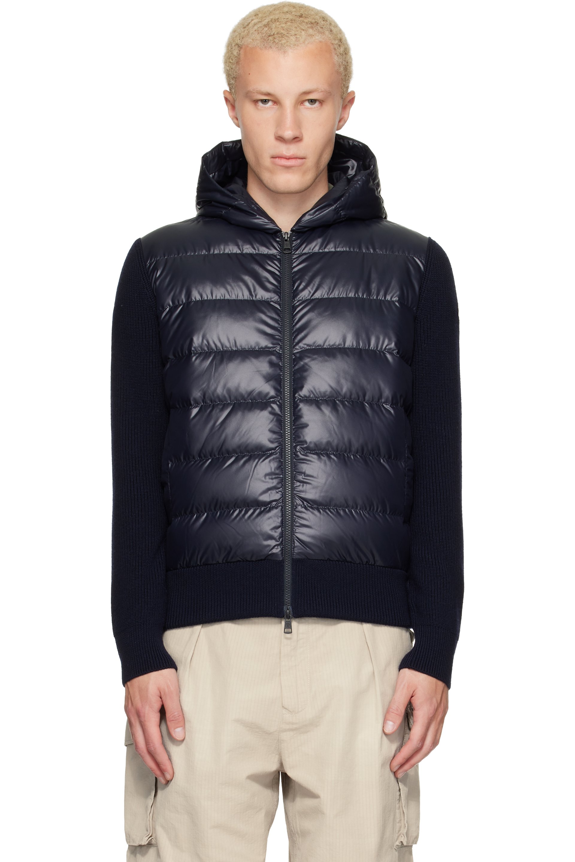 Moncler - Blouson bleu marine en laine à glissière et à capuche