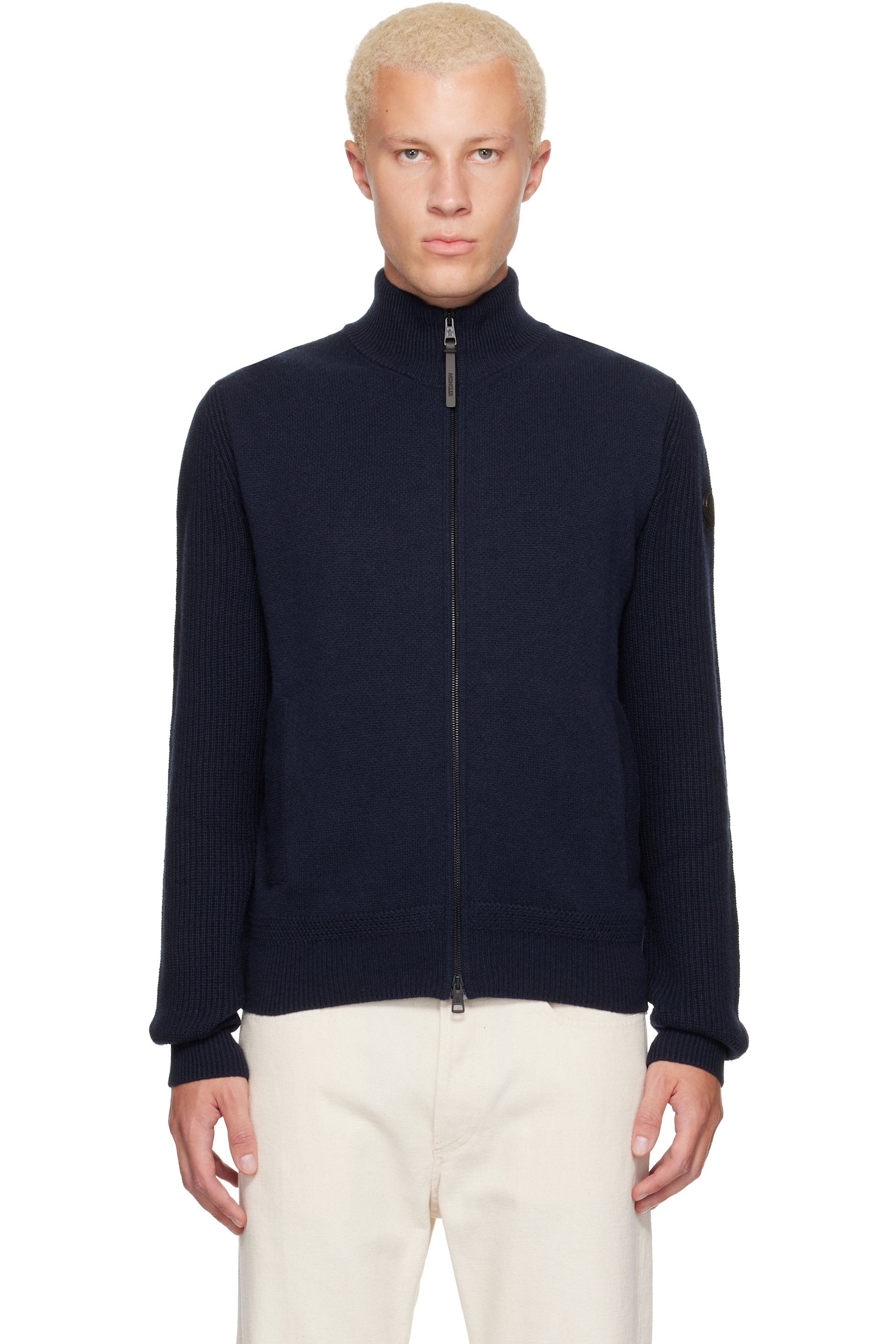 Moncler - ネイビー ウール＆カシミヤ ジップアップセーター
