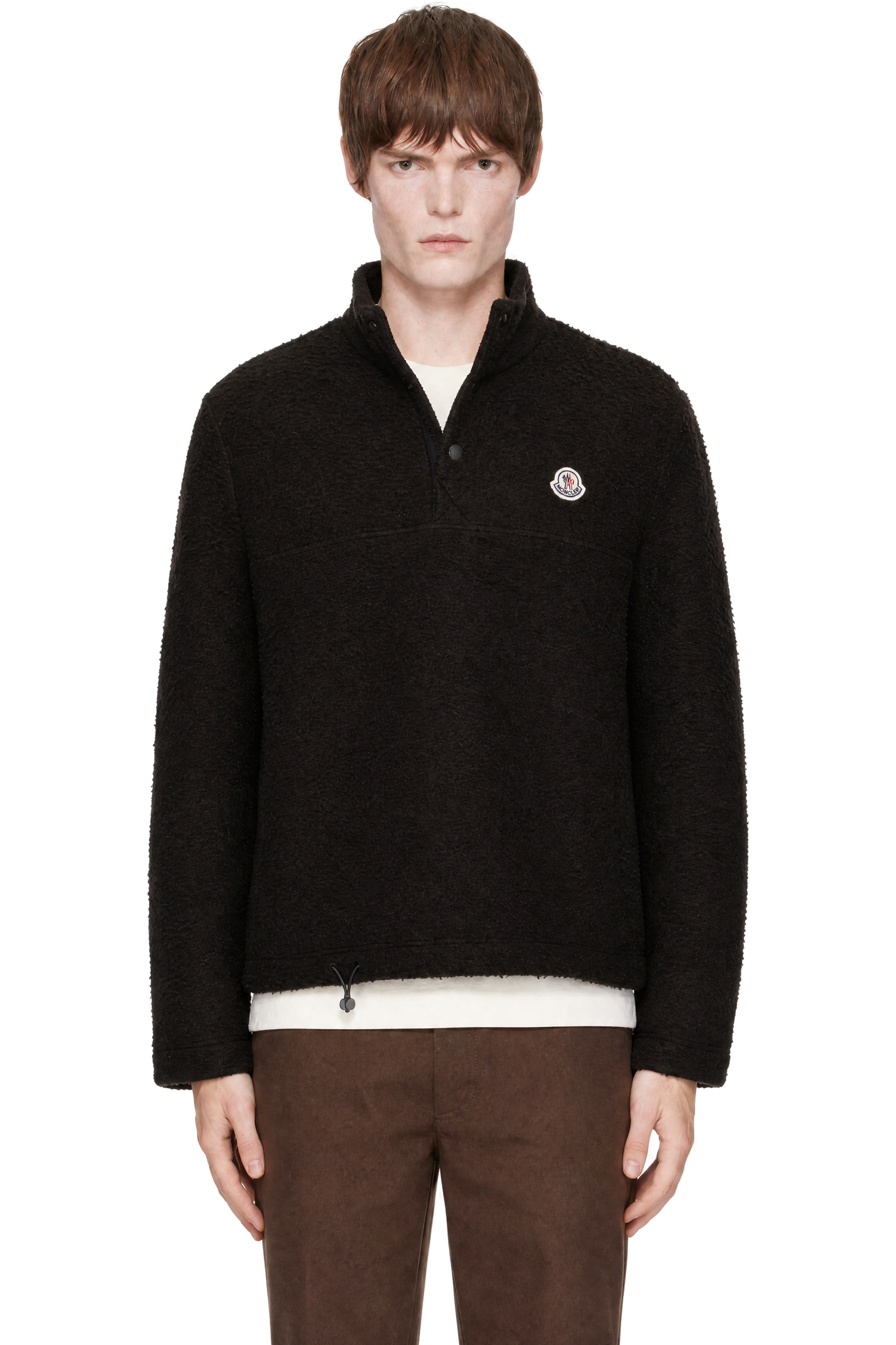 Moncler - Pull brun en laine à col boutonné
