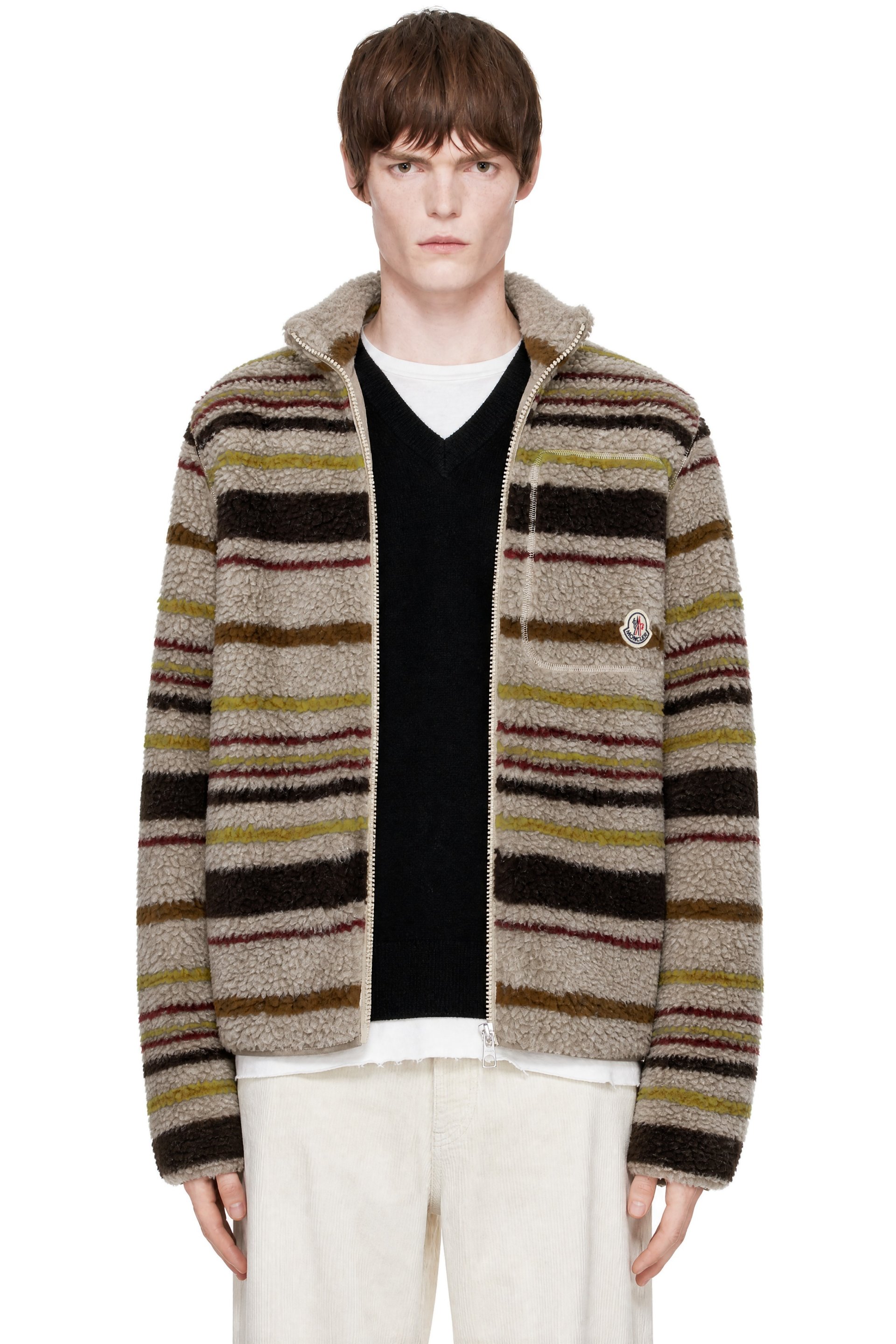 Moncler - Beige Striped Teddy Zip-Up Cardigan