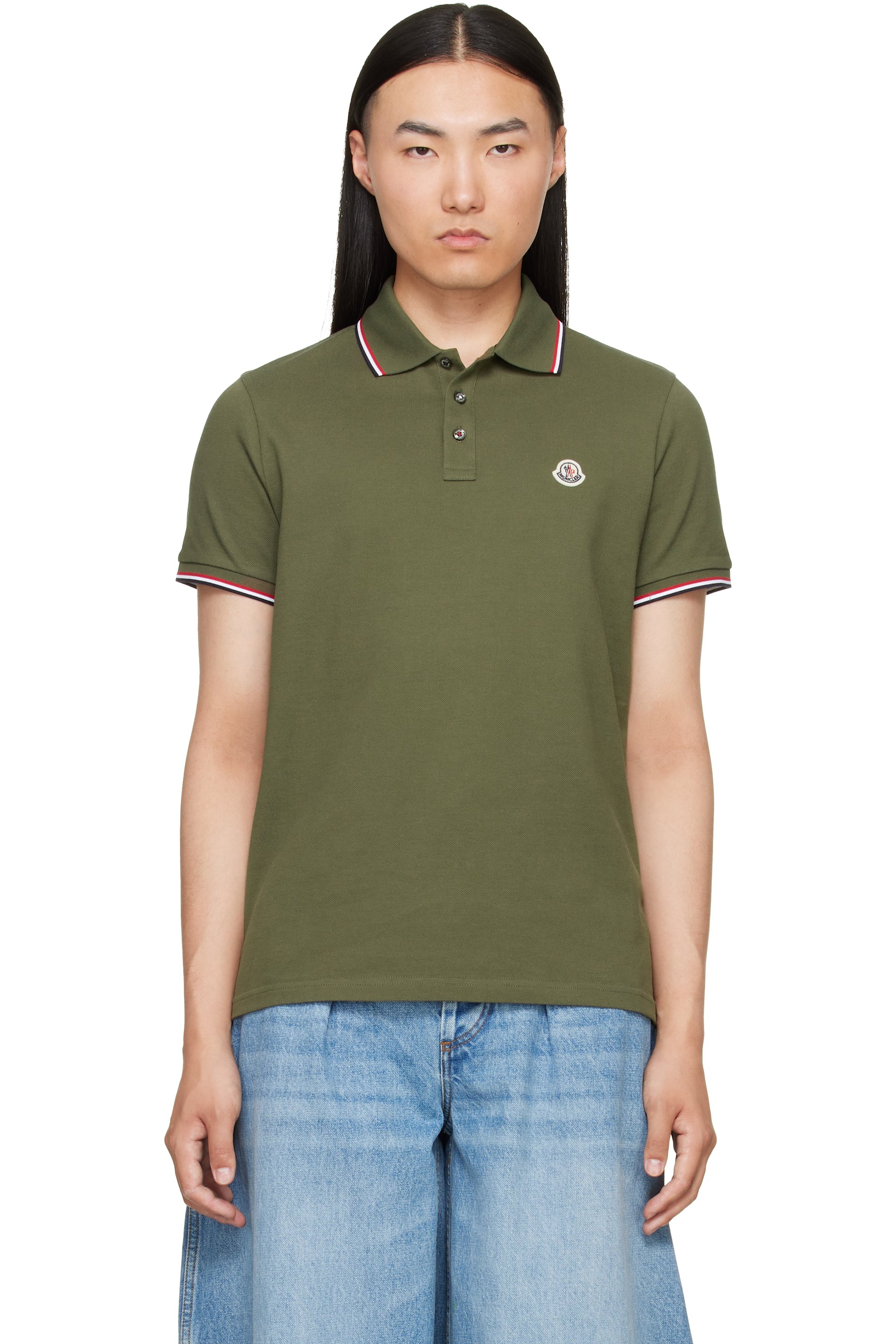 Moncler - Polo kaki en piqué de coton à garnitures tricolores