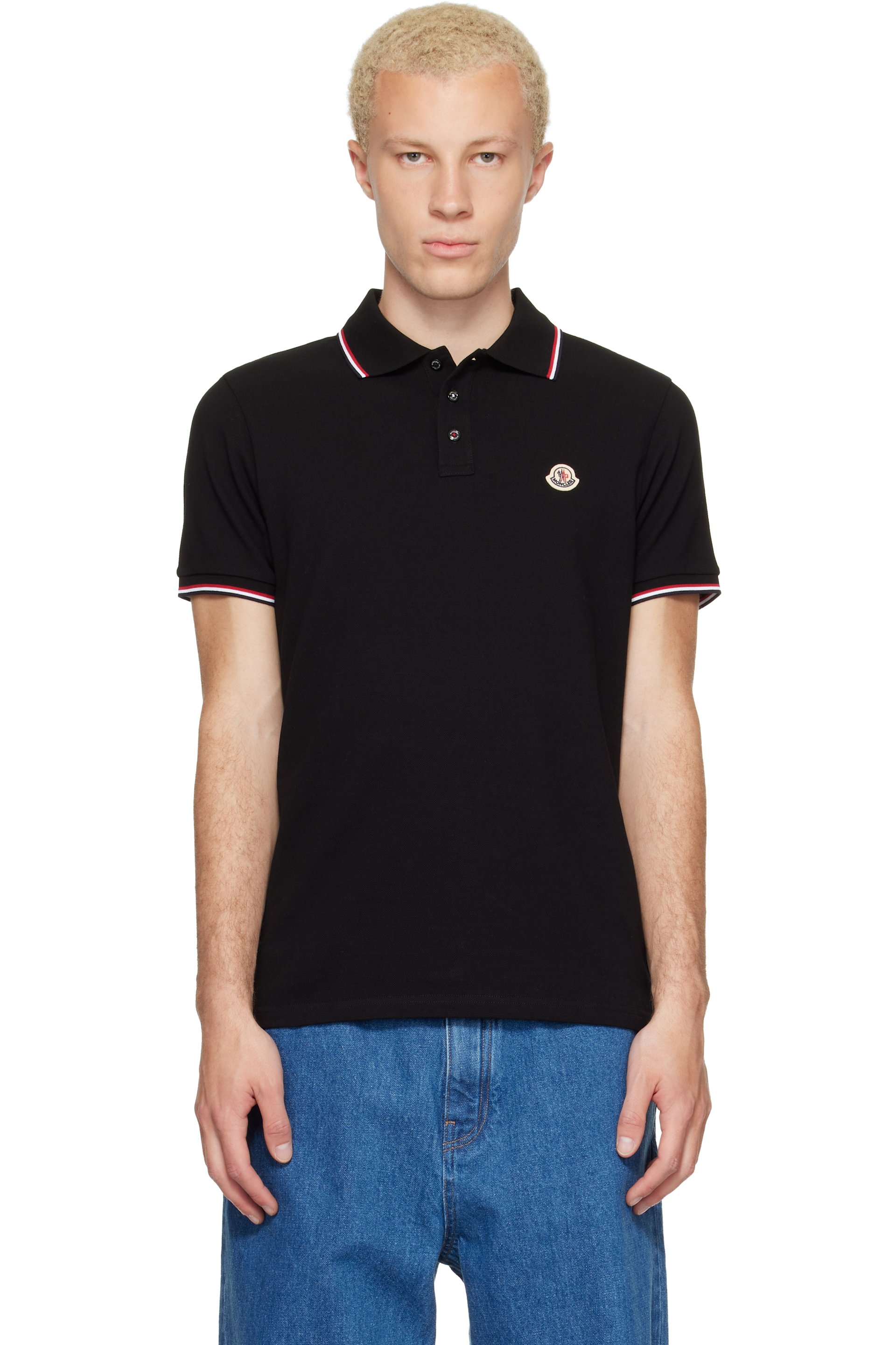 Moncler - Polo noir en piqué de coton à garnitures tricolores