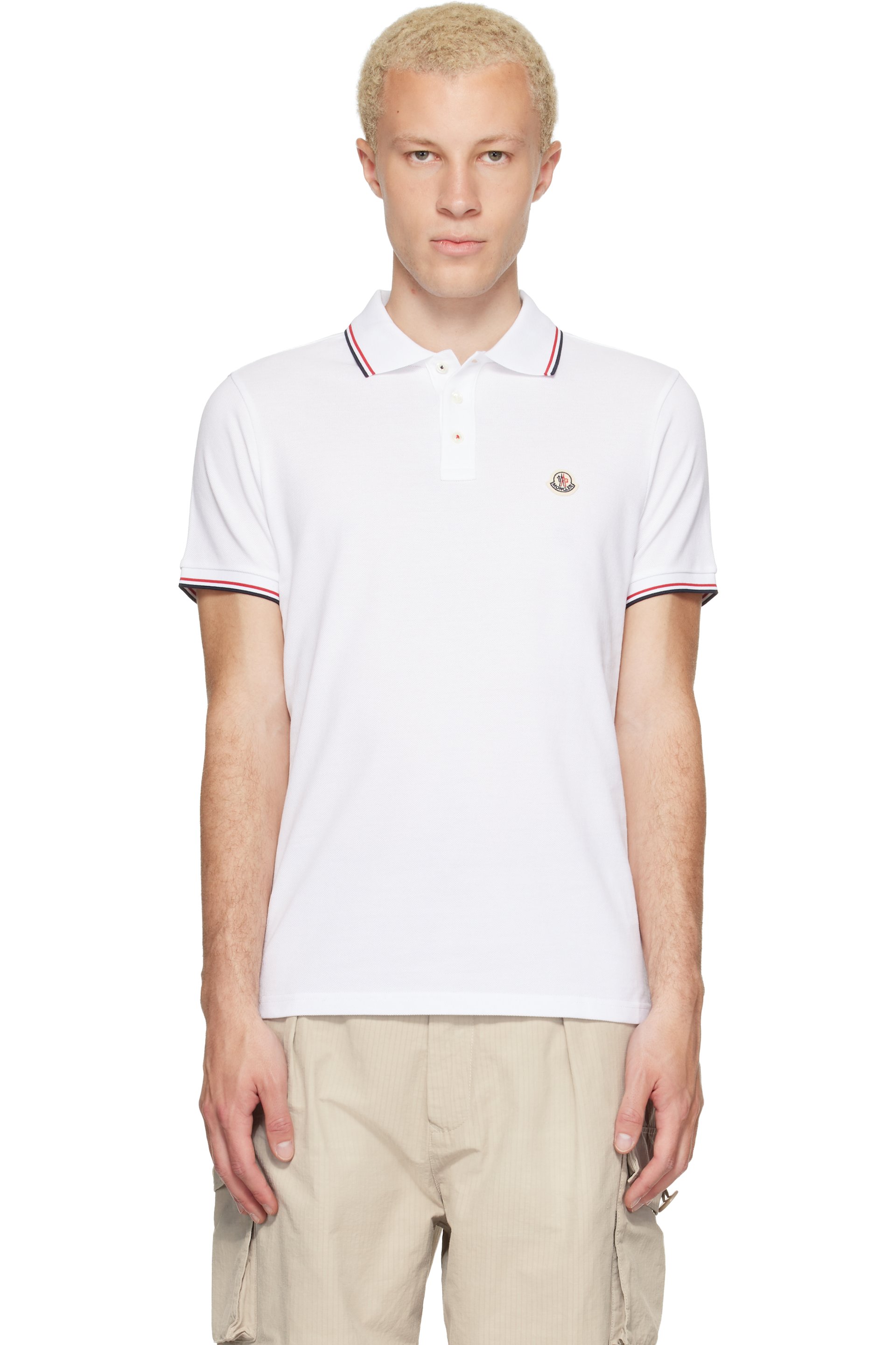 Moncler - Polo blanc en piqué de coton à garnitures tricolores