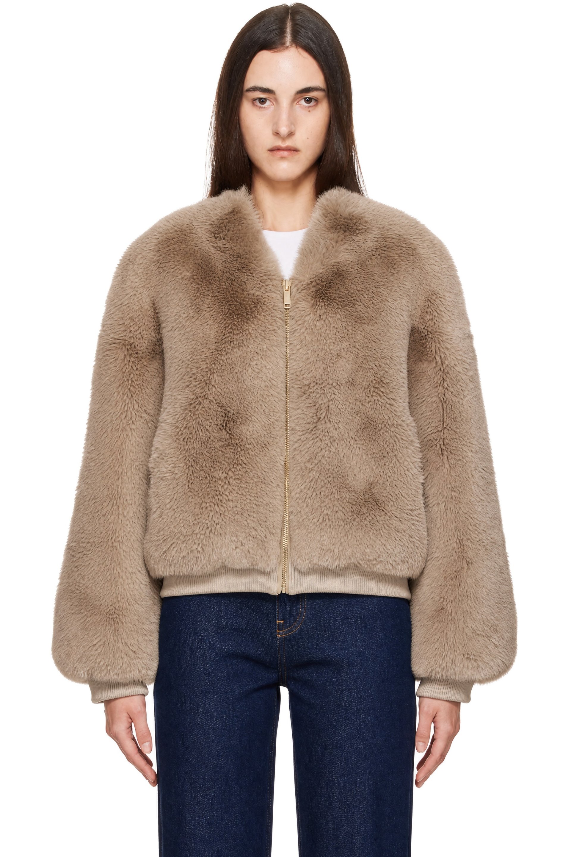 The Frankie Shop - Taupe Senna Collarless Faux-Fur Jacket