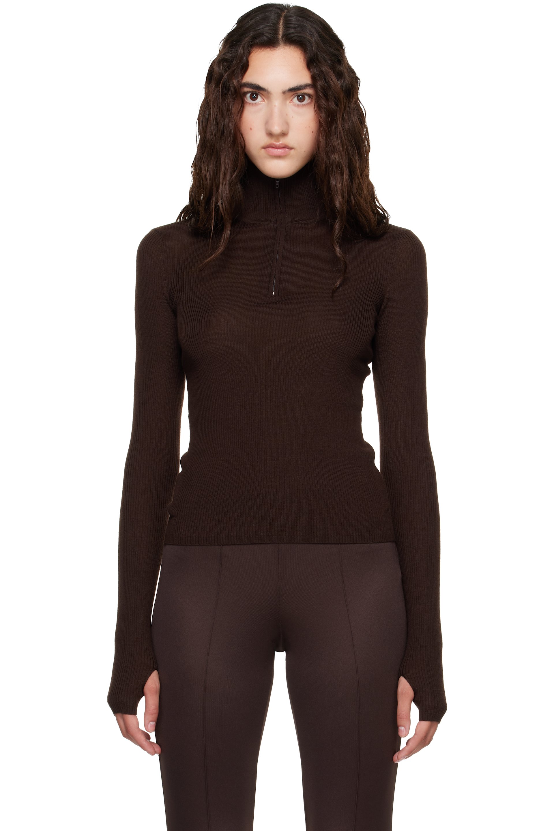 The Frankie Shop - Brown Sade Knit Zip Sweater
