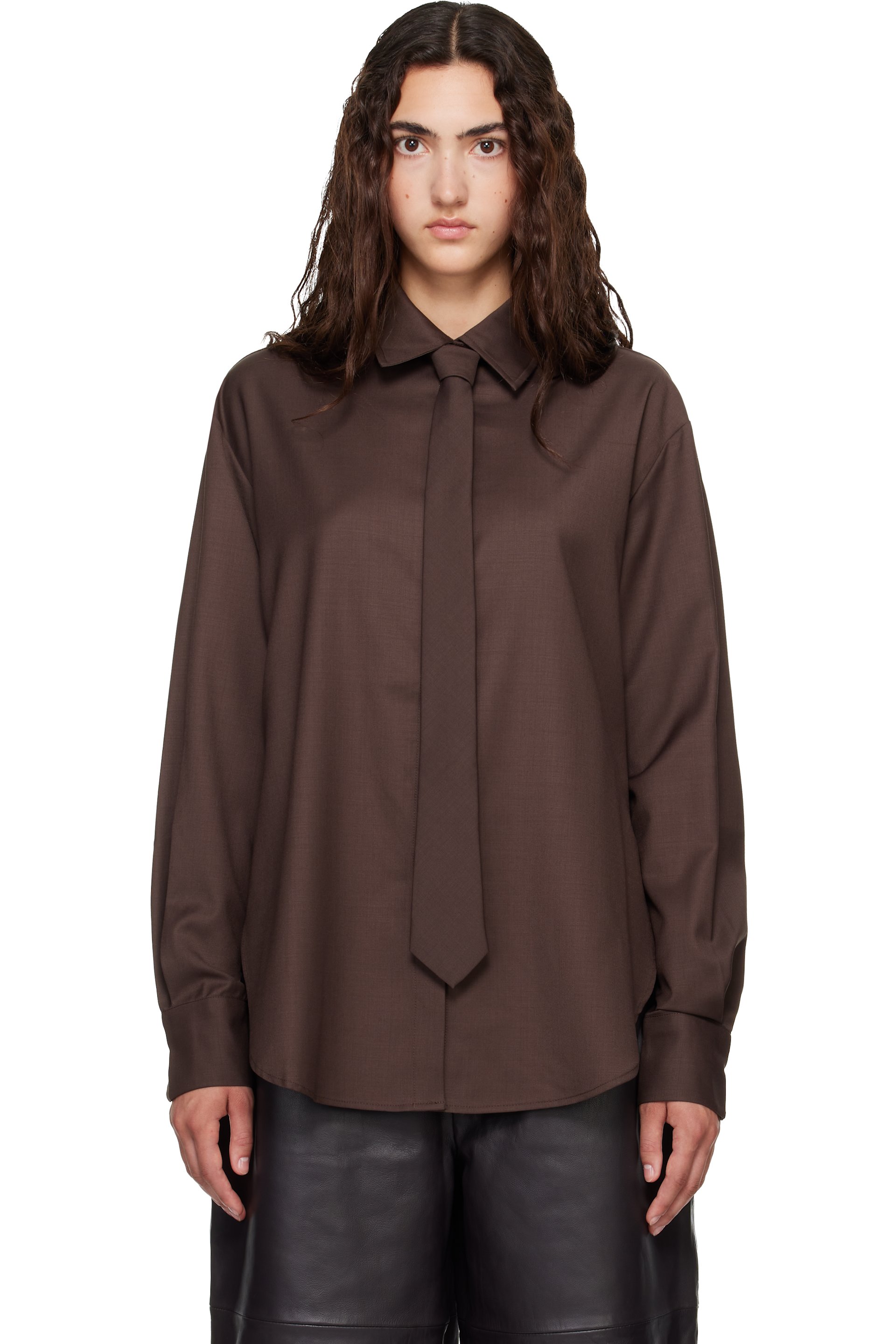 The Frankie Shop - Brown Peri Tie Neck Shirt