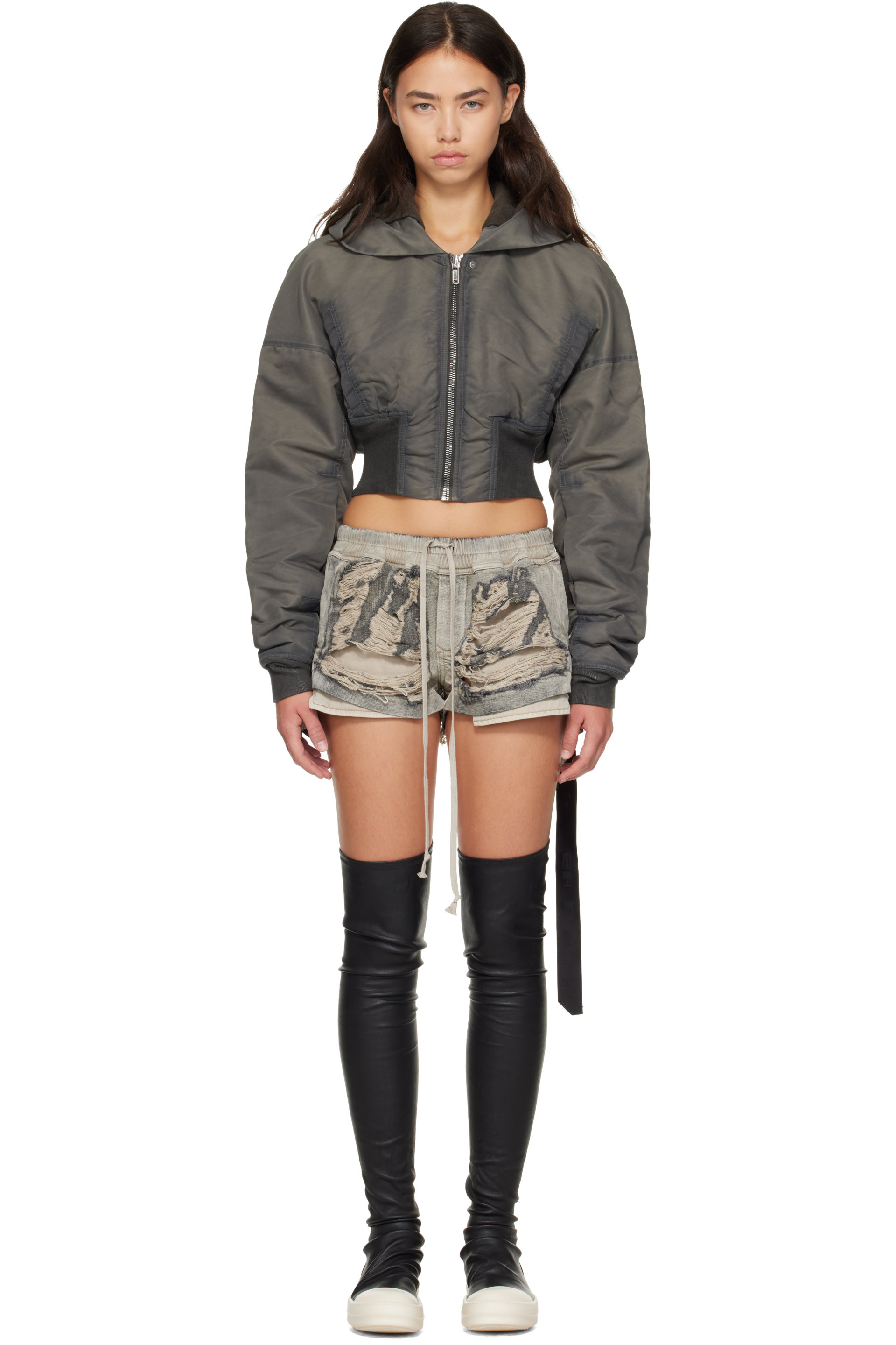 Rick Owens DRKSHDW - Gray Tower Hooded Cropped Flight Jacket