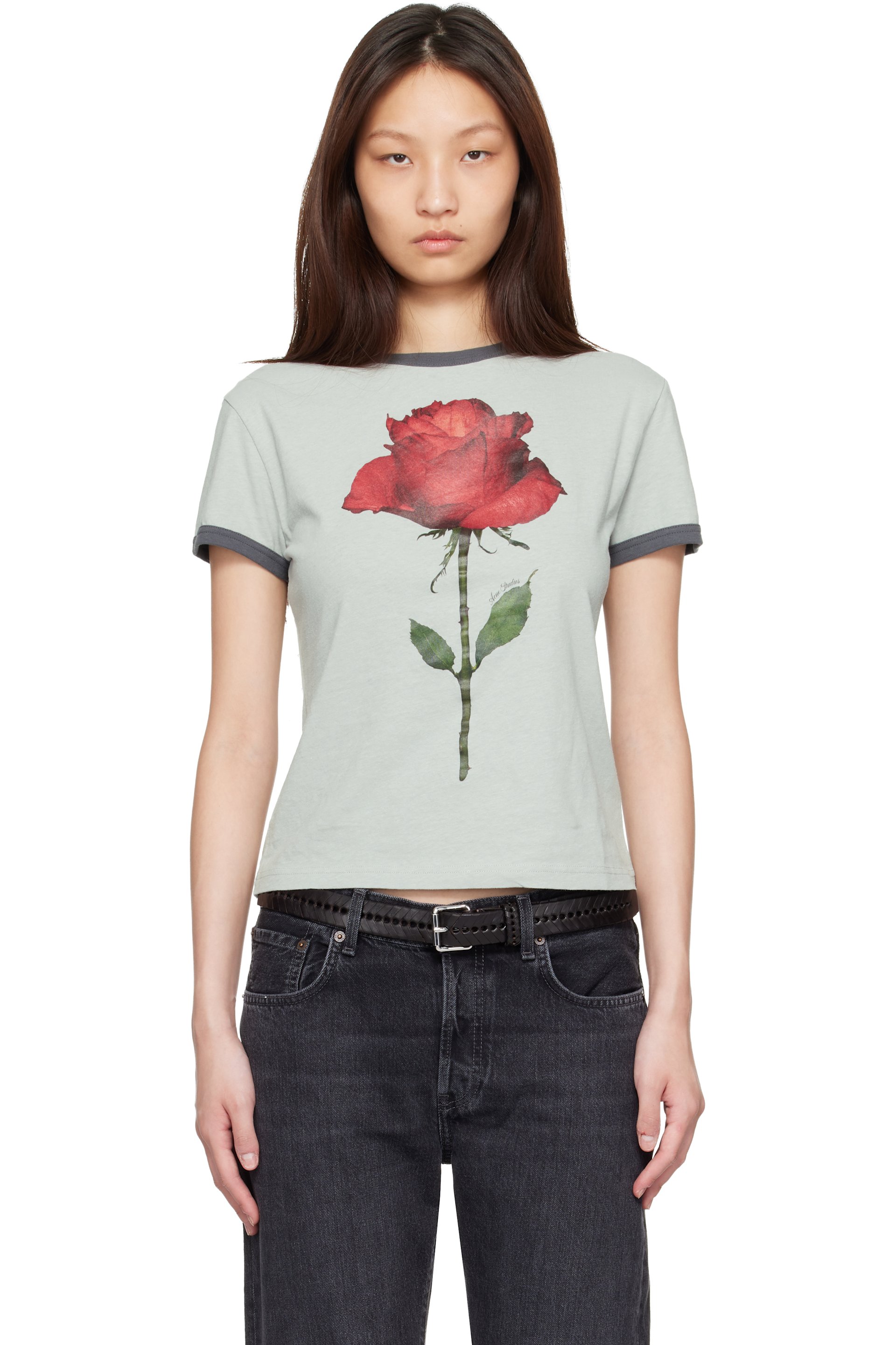 Acne Studios: Gray Graphic Rose T-shirt | SSENSE