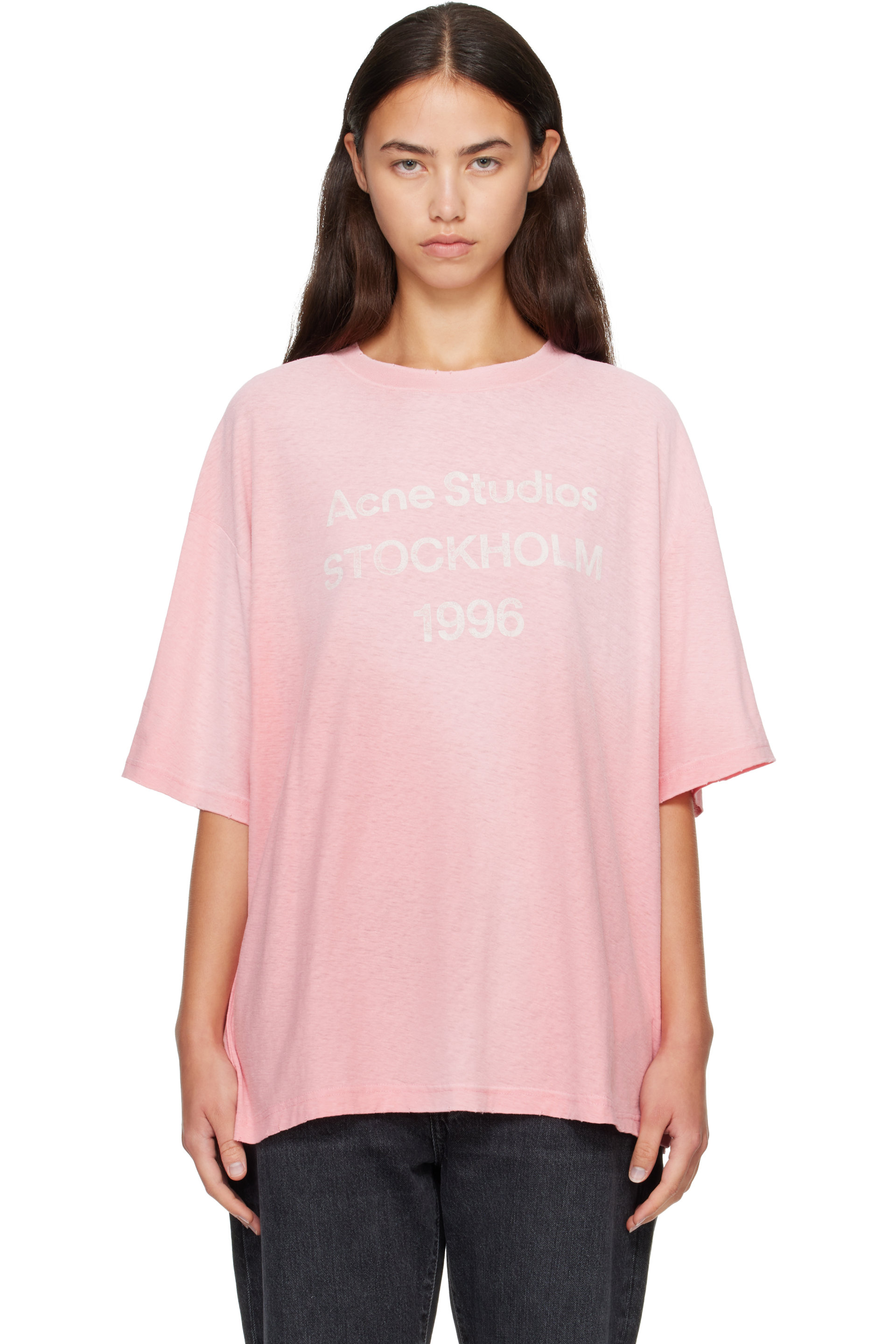 Acne Studios - T-shirt rose à logo et à effet aérosol