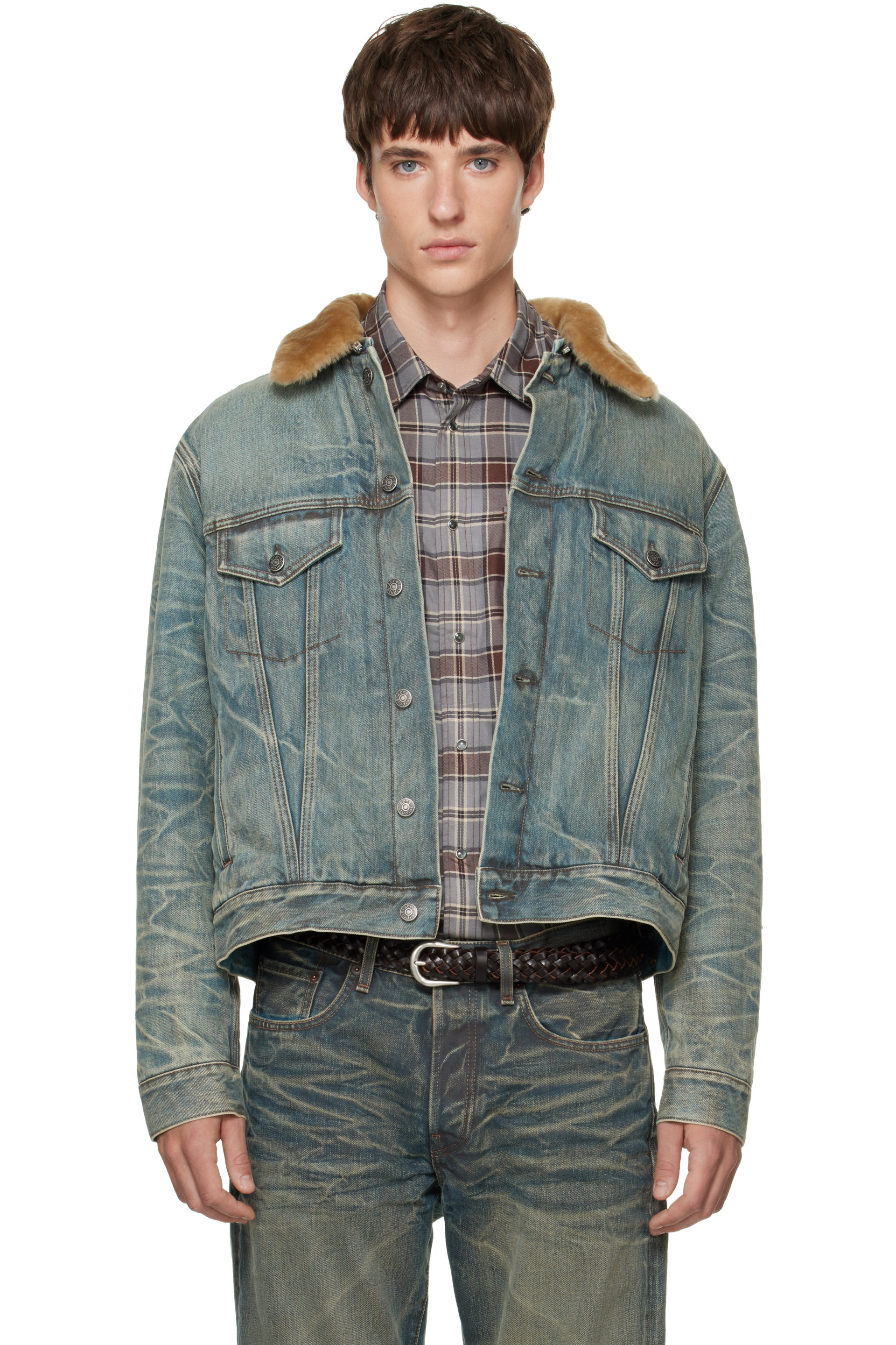 Acne Studios - Blouson bleu en denim à col en peau retournée