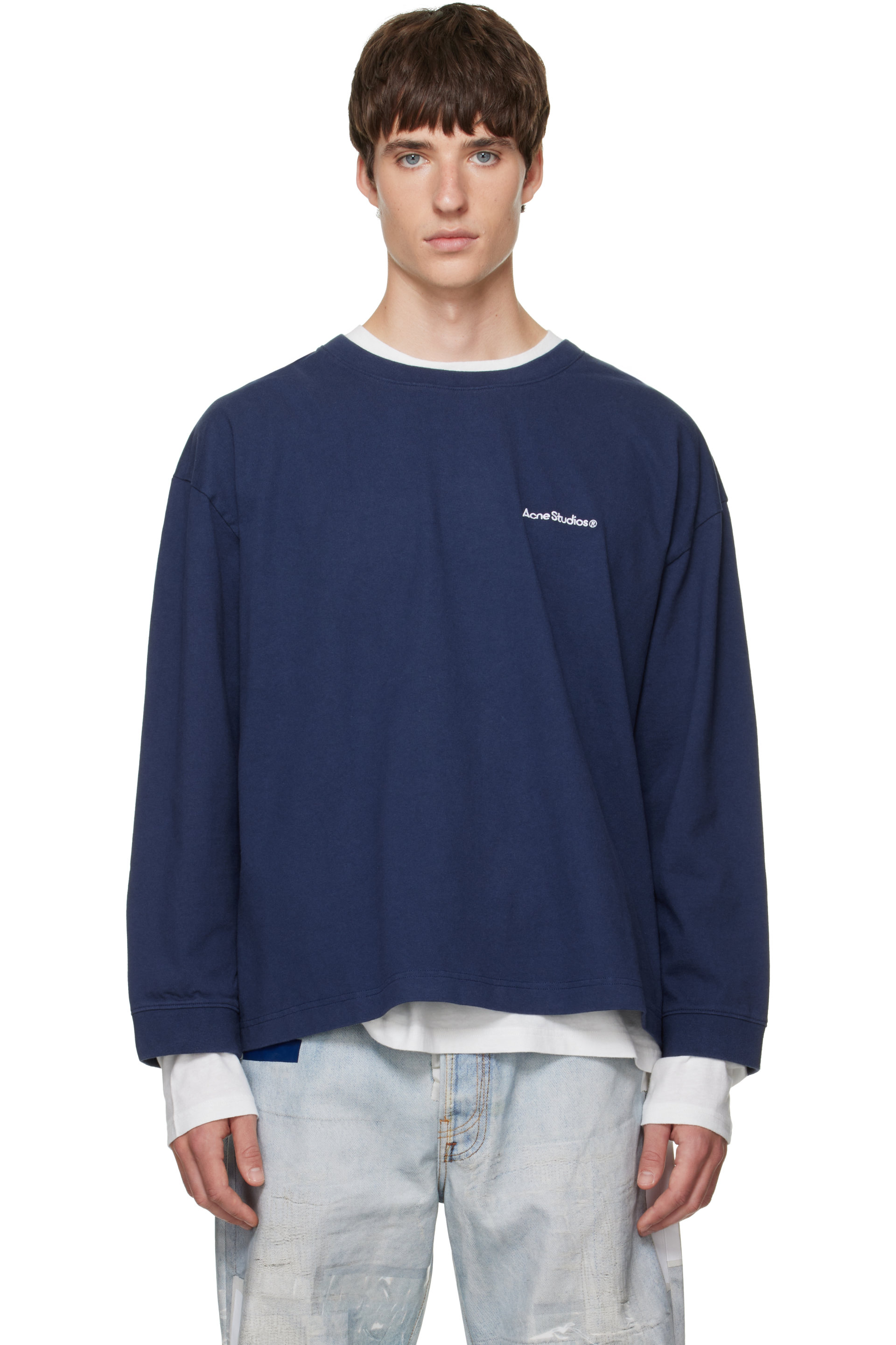Acne Studios - Pull molletonné étagé bleu marine à logo