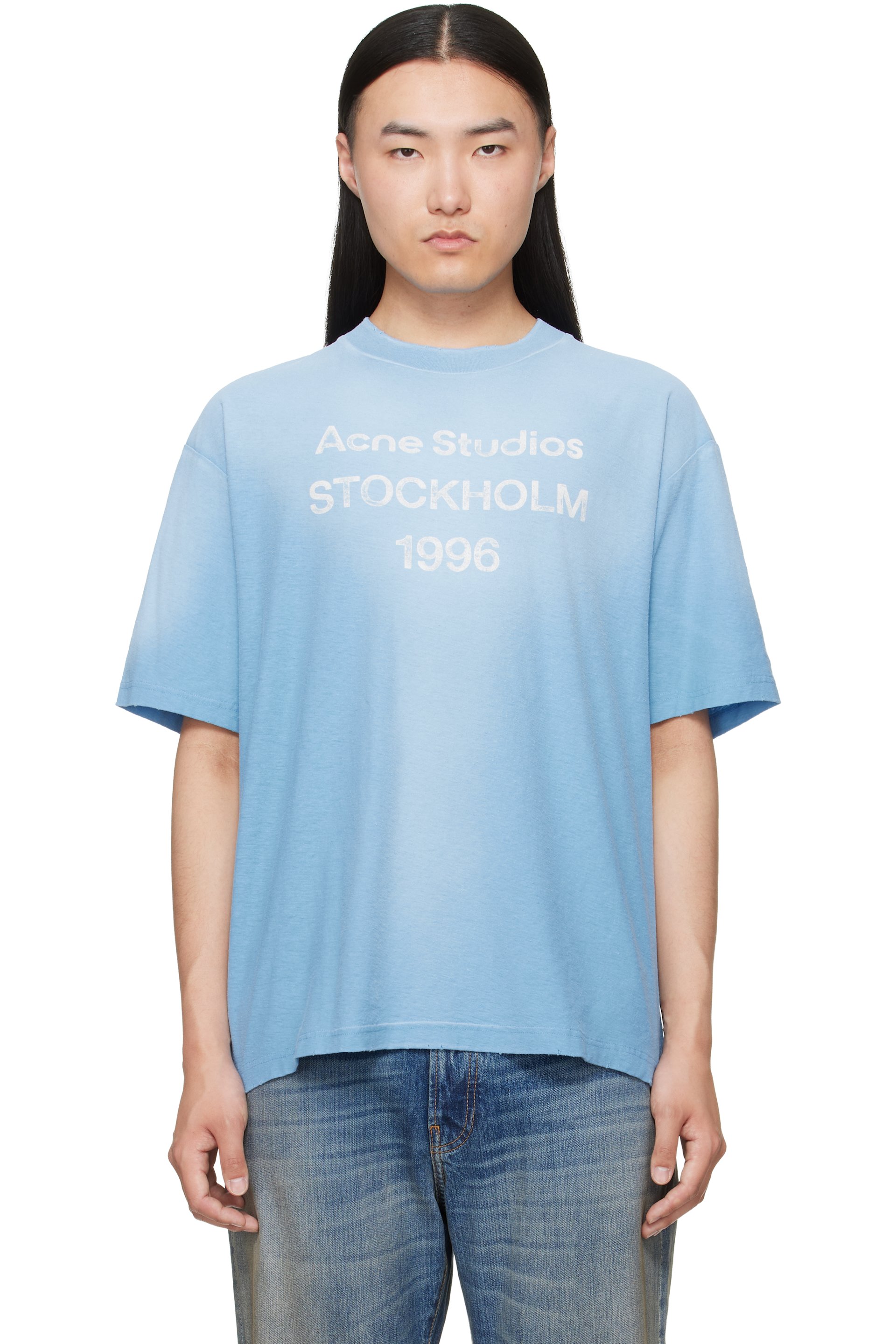 Acne Studios - T-shirt bleu à effet aérosol et à logo