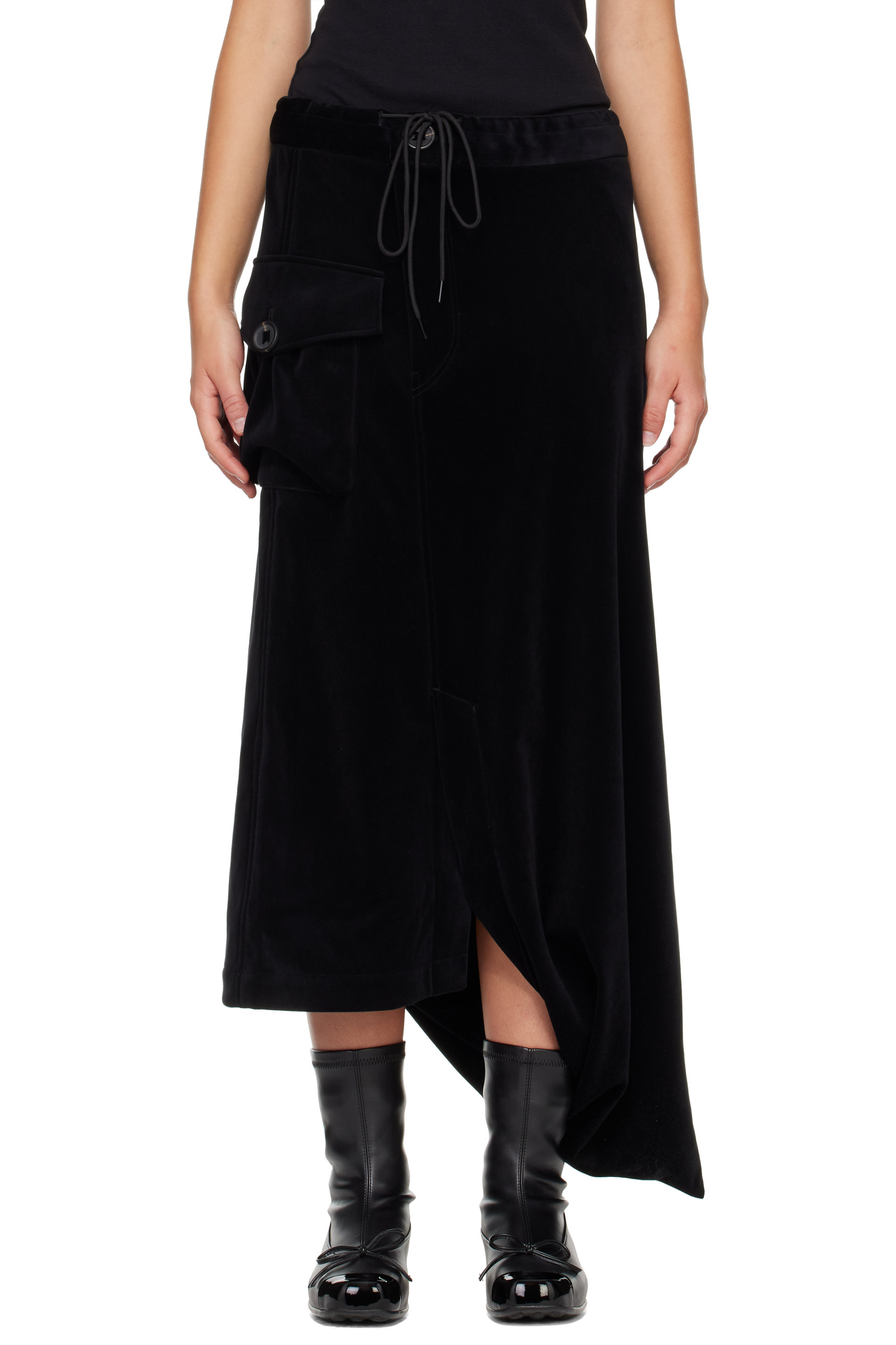Y-3 - Black Velvet Corduroy Utility Midi Skirt