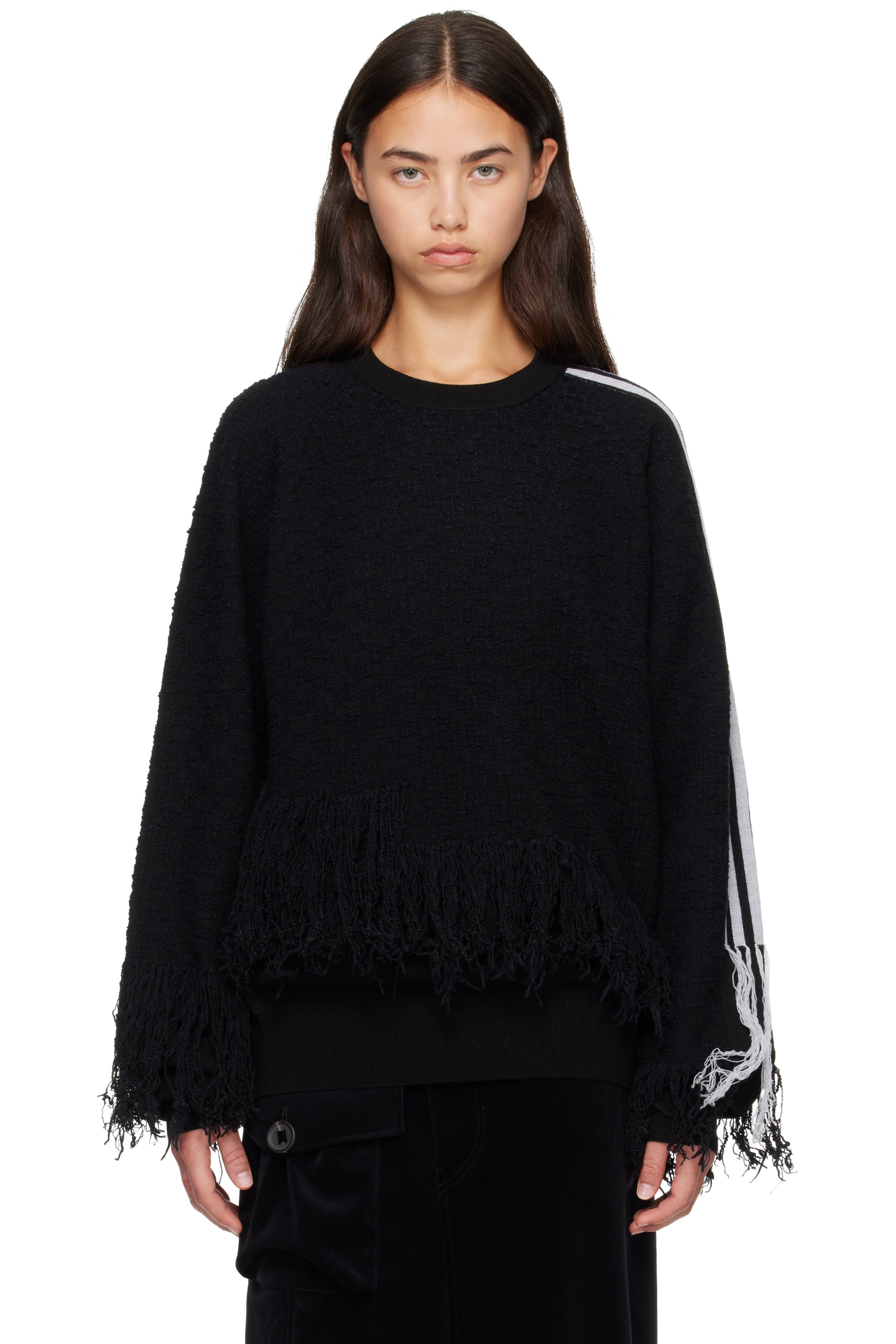 Y-3 - Black Knitted 3-Stripes Fringy Sweater