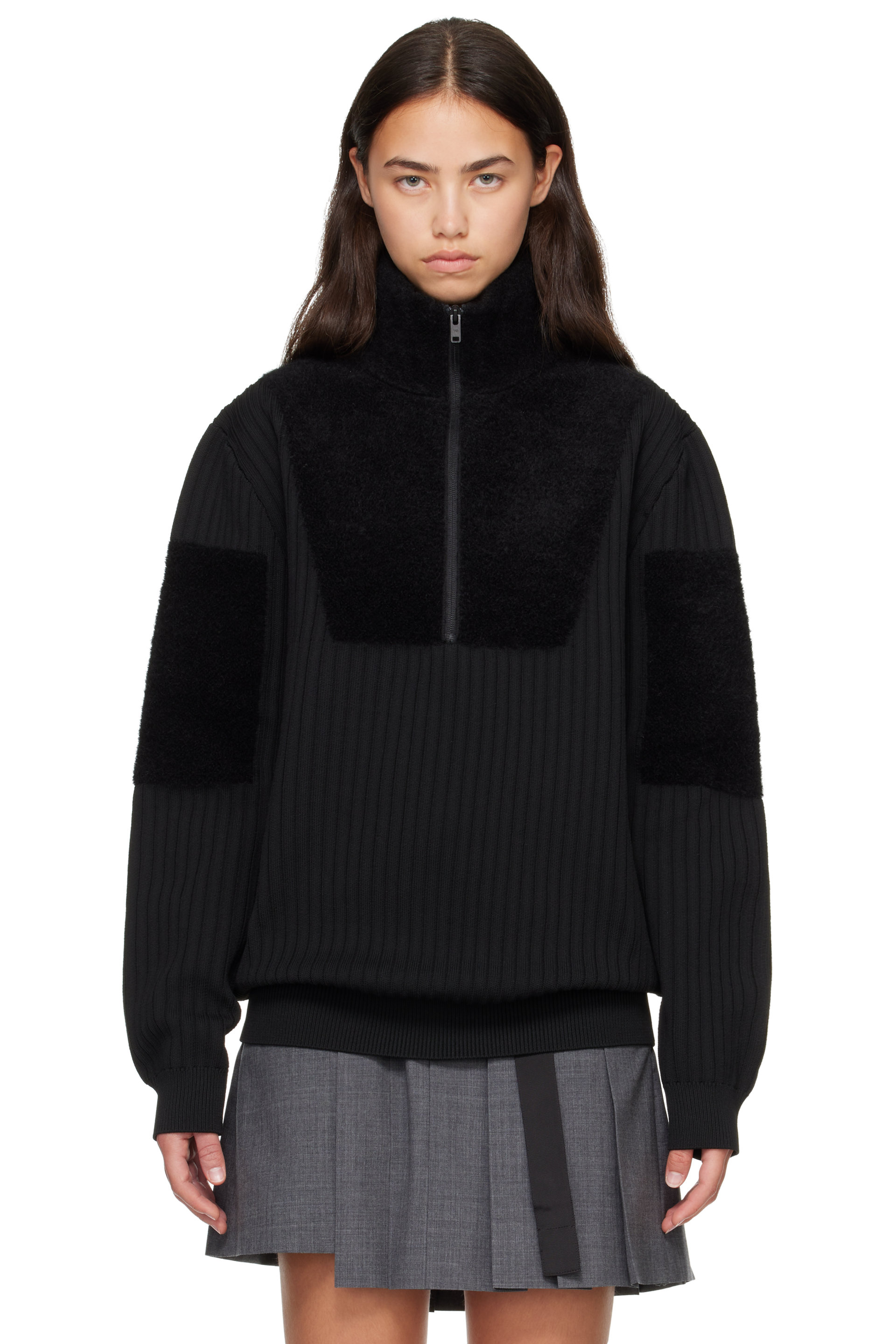 Y-3 - Black Knitted Panel Blocked Half Zip Sweater