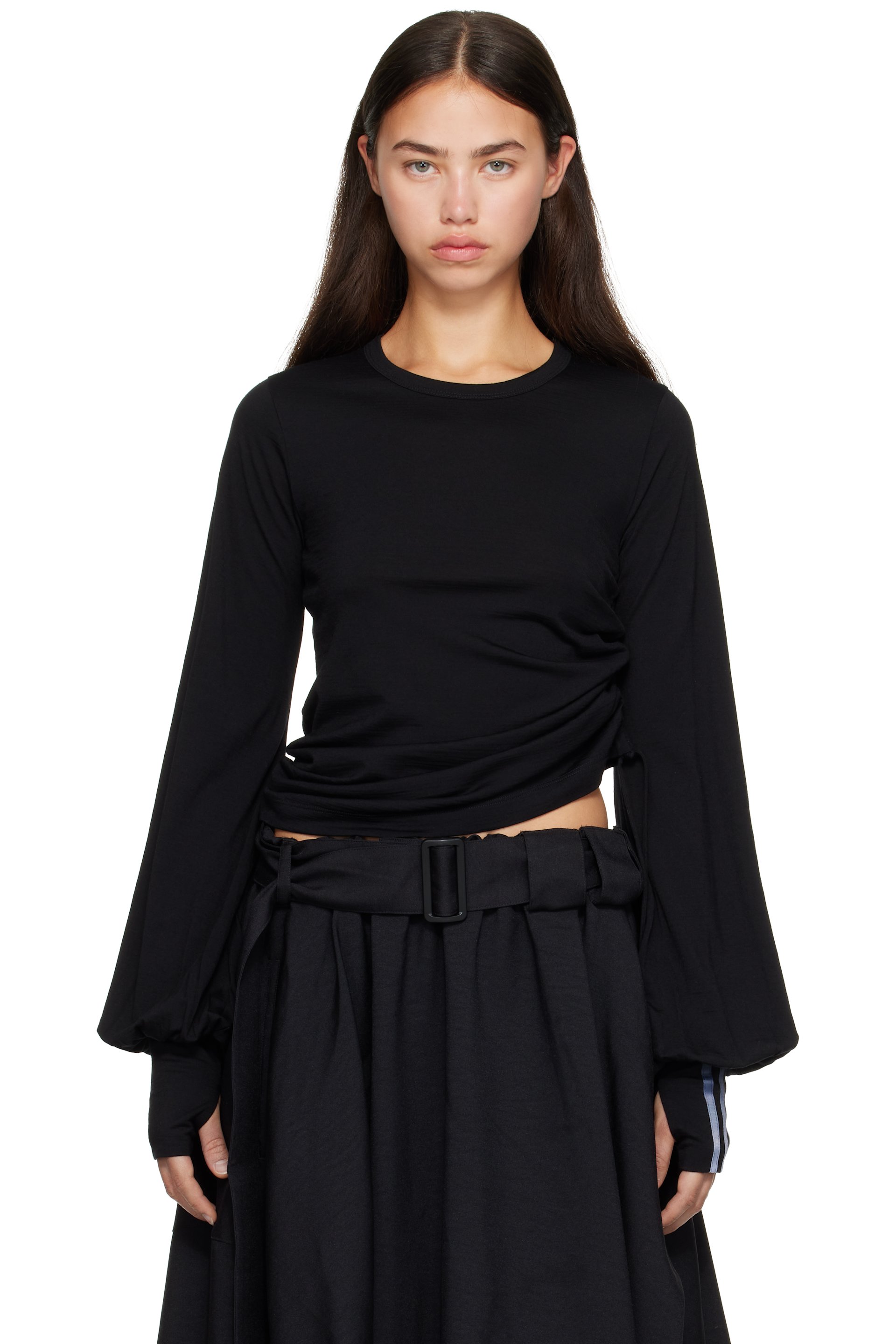 Y-3 - Black Wool Cinched Drape Long Sleeve T-shirt
