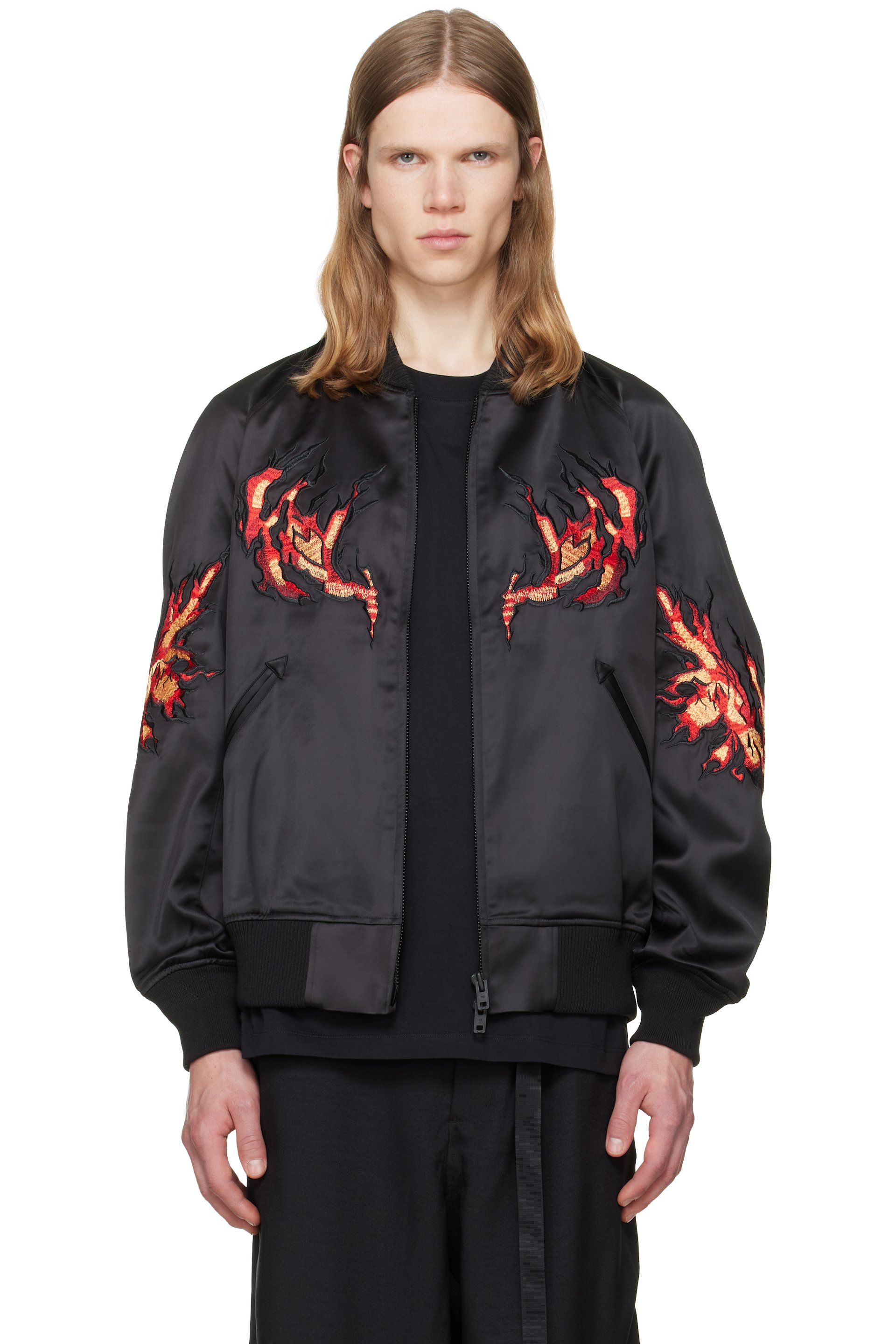 Y-3 - Black Embroidered Graphic Satin Souvenir Jacket