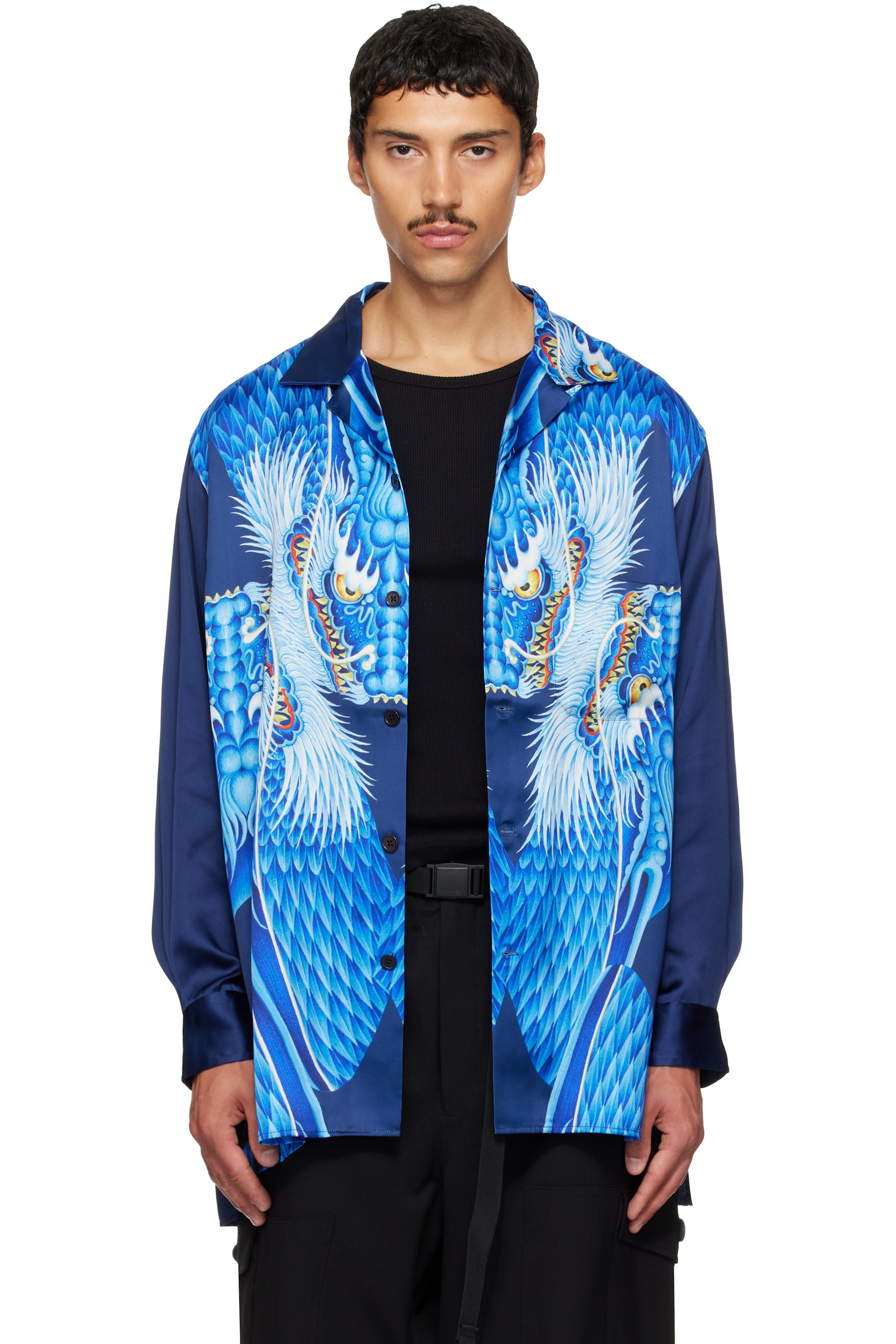 Y-3 - Navy Satin Graphic 'Dragon' Shirt