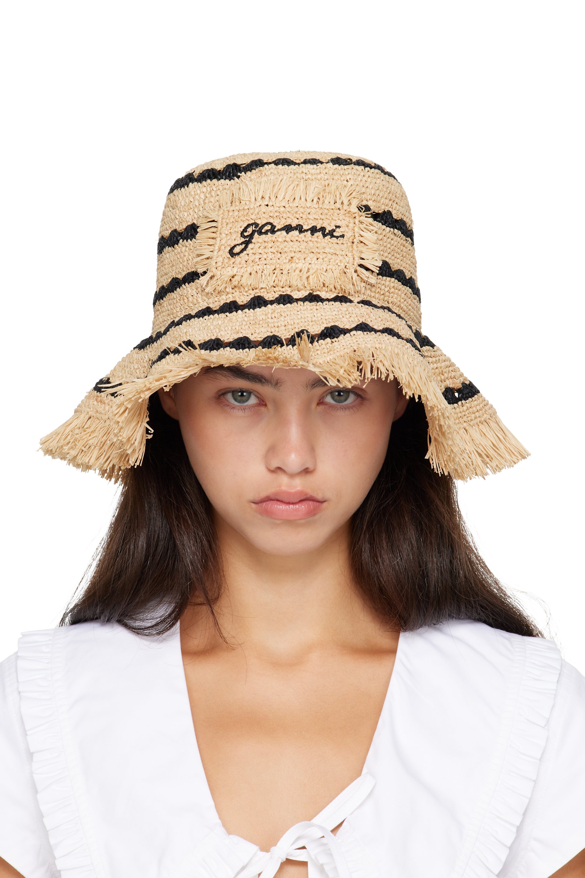 GANNI - Tan Striped Raffia Bucket Hat