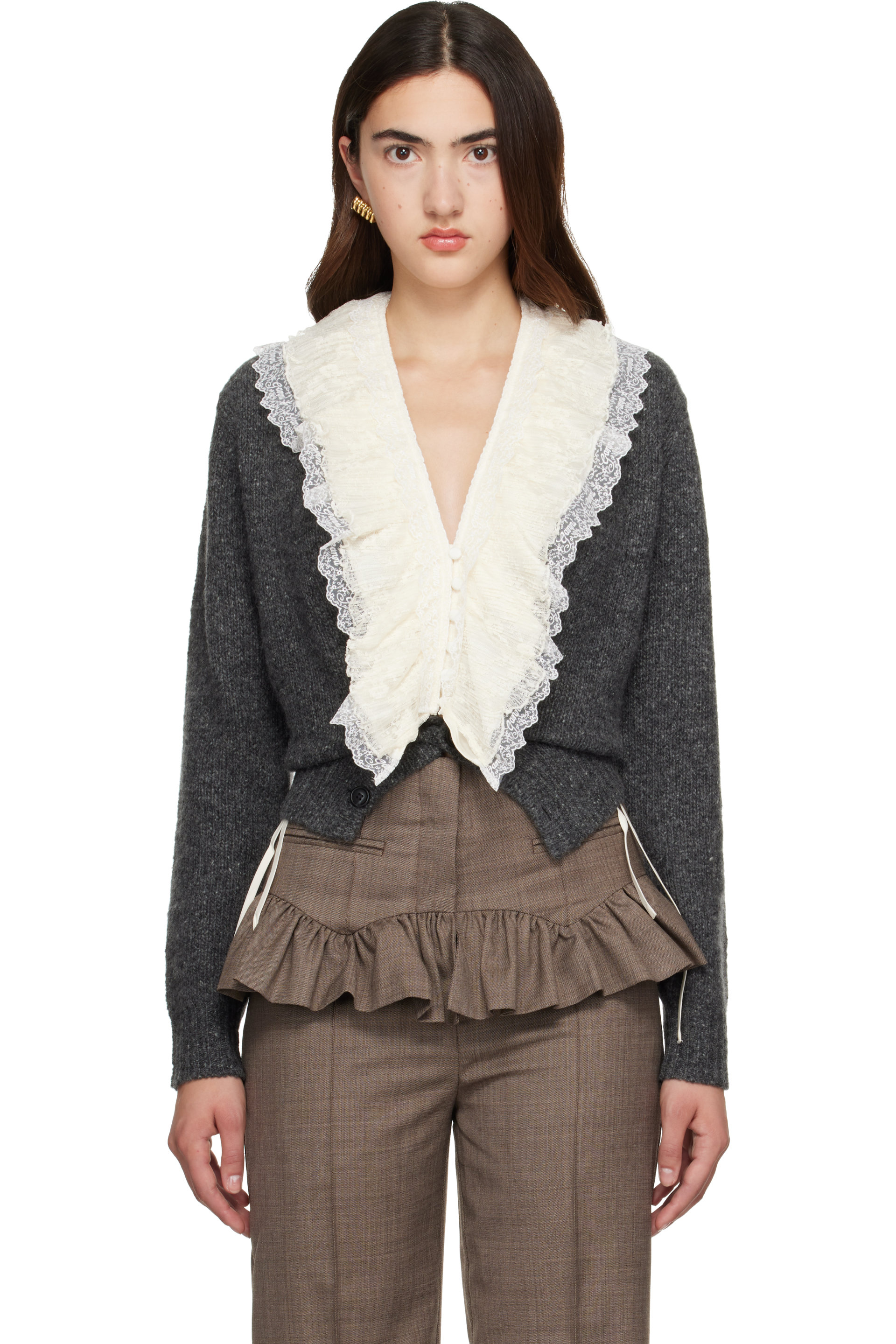 GANNI - Off-White Fluid Satin Ruffle Lace Collar