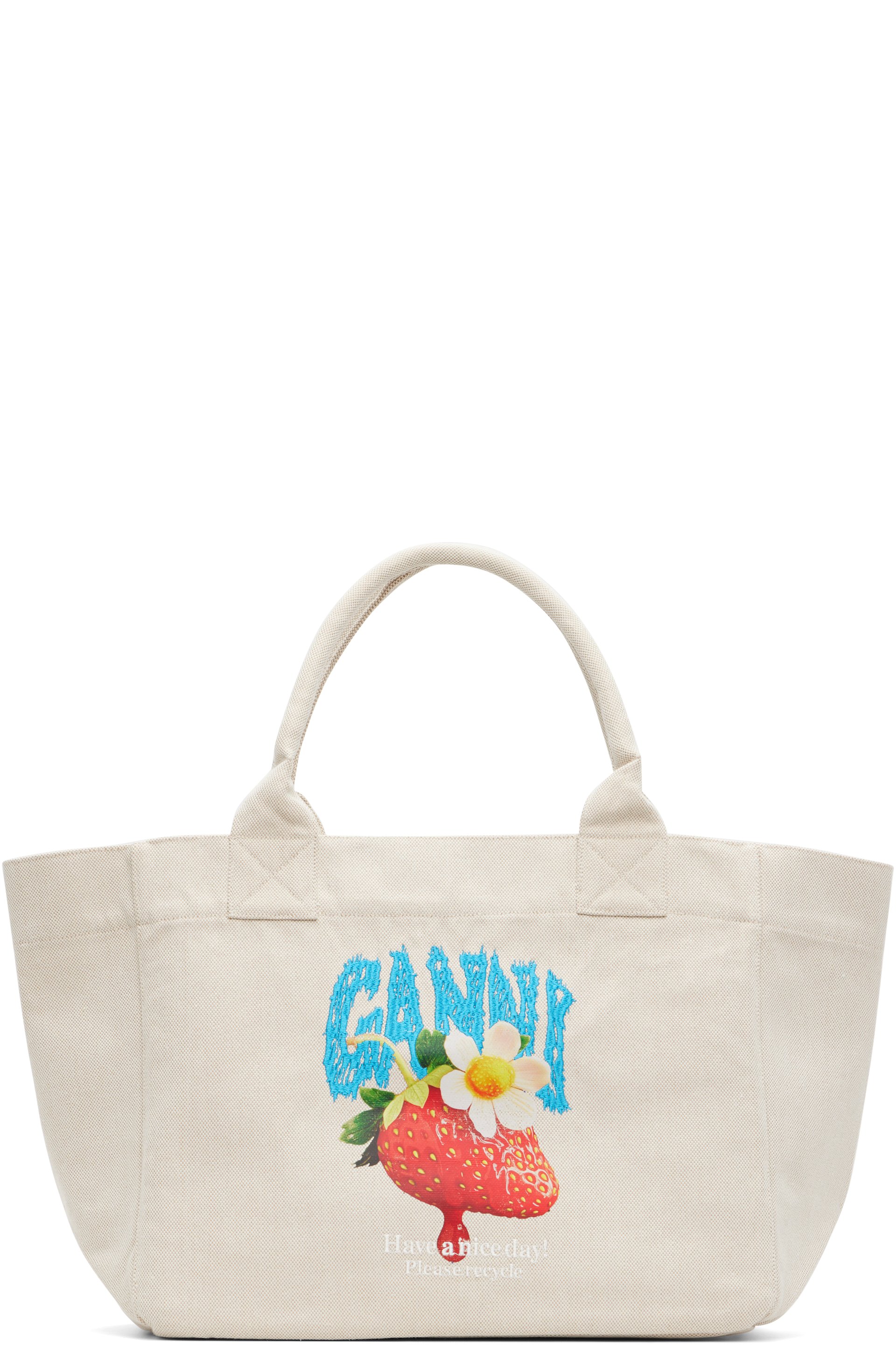GANNI - Beige Medium Trapeze Shopper Strawberry Print Tote