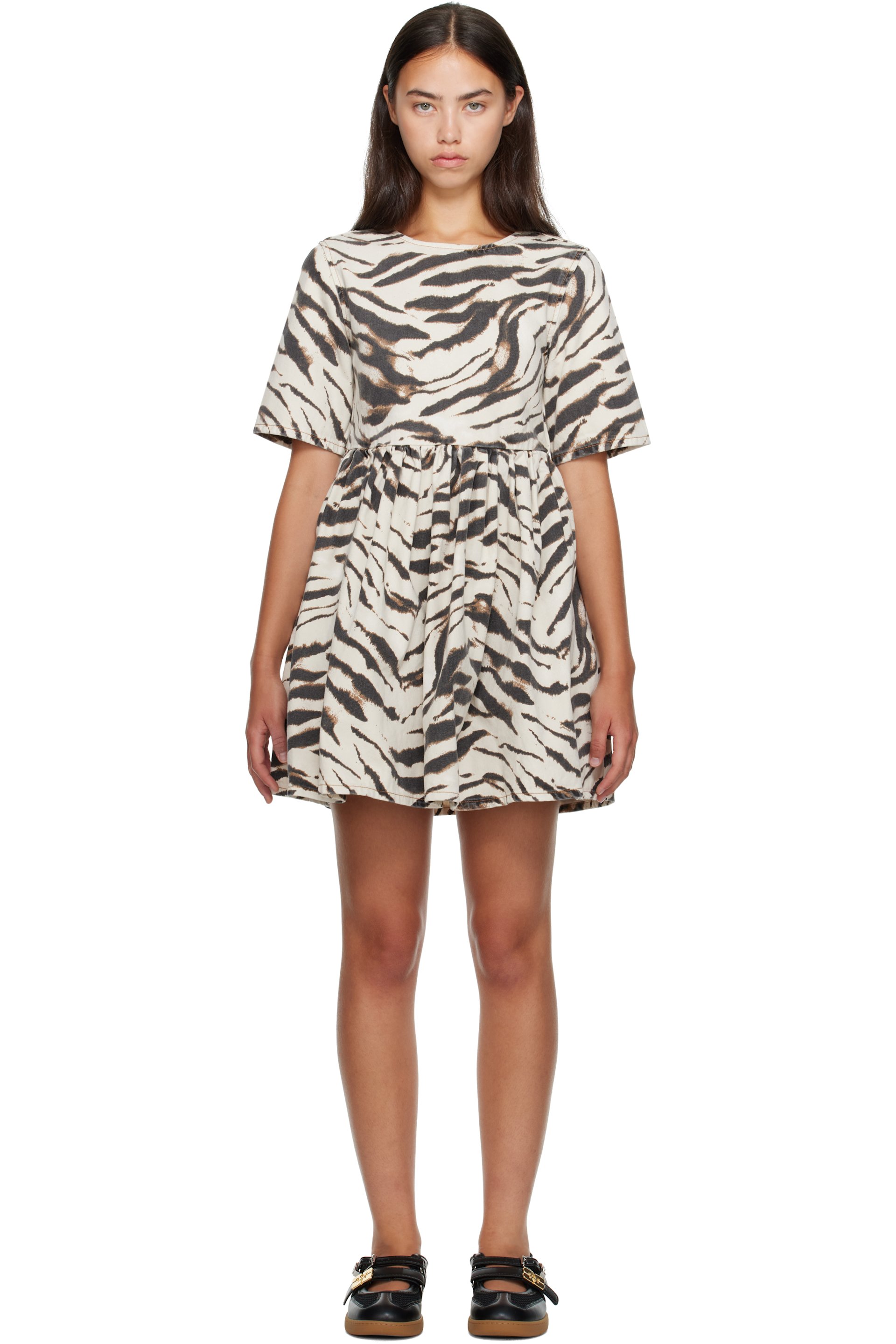 GANNI - Off-White & Brown Zebra Denim Minidress