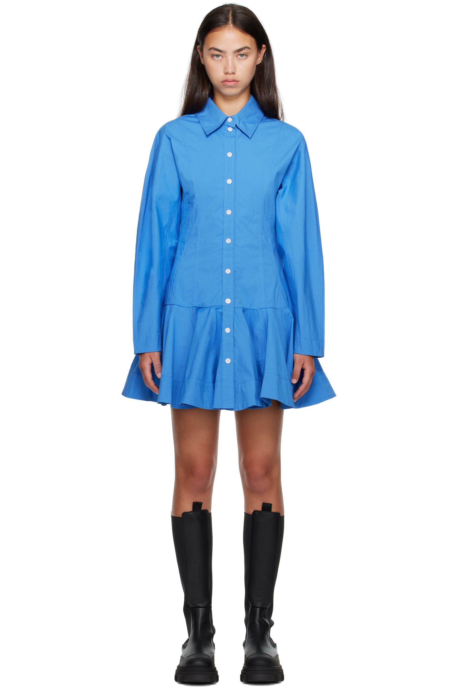 GANNI - Blue Cotton Shirt Minidress