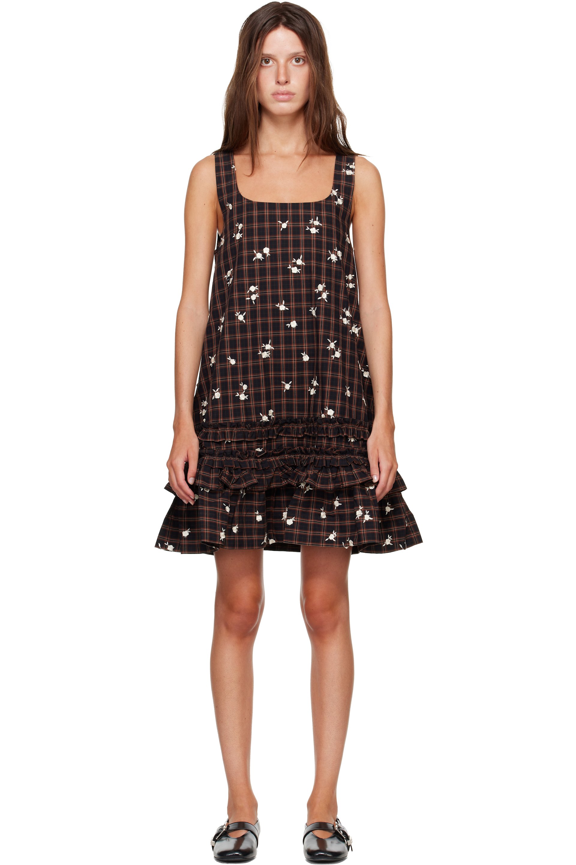 GANNI - Brown Printed Check Minidress