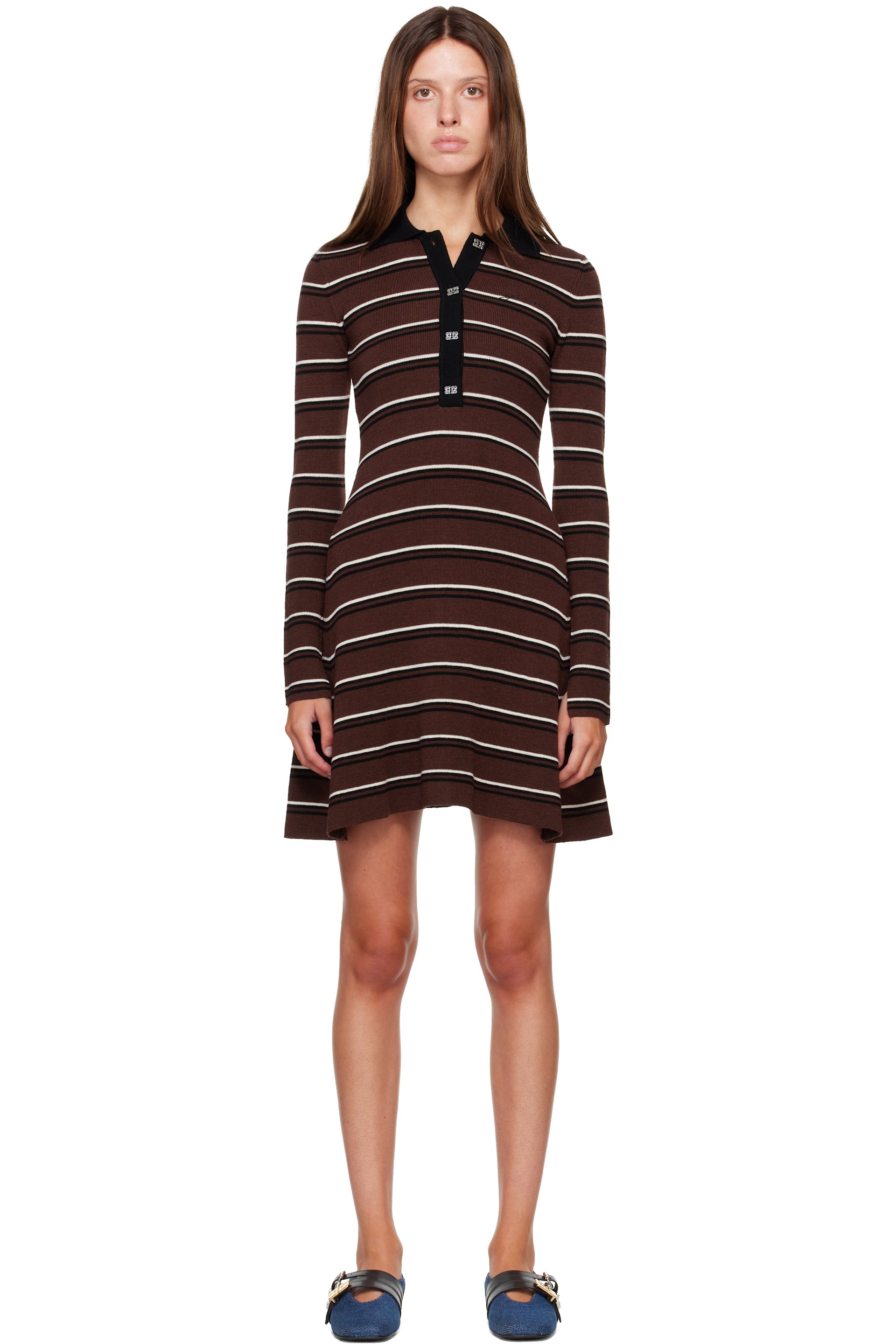 GANNI - Burgundy Striped Merino Polo Minidress