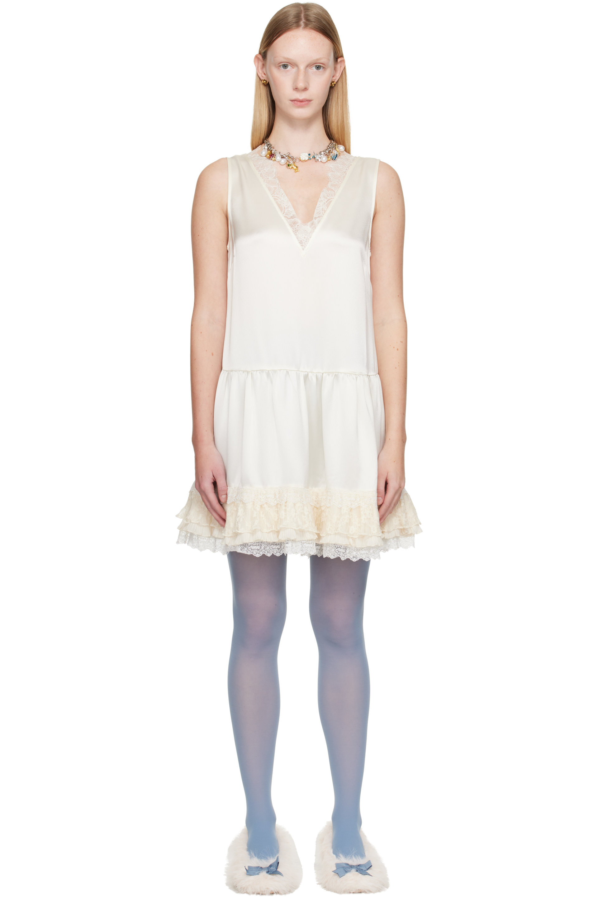GANNI - Off-White Lace Satin Minidress
