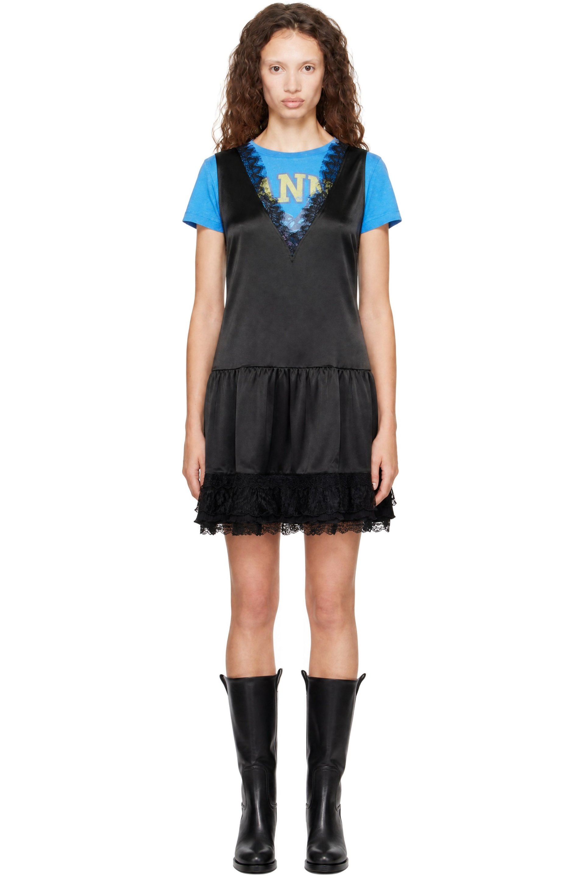 GANNI - Black Fluid Satin V-Neck Lace Mini Dress