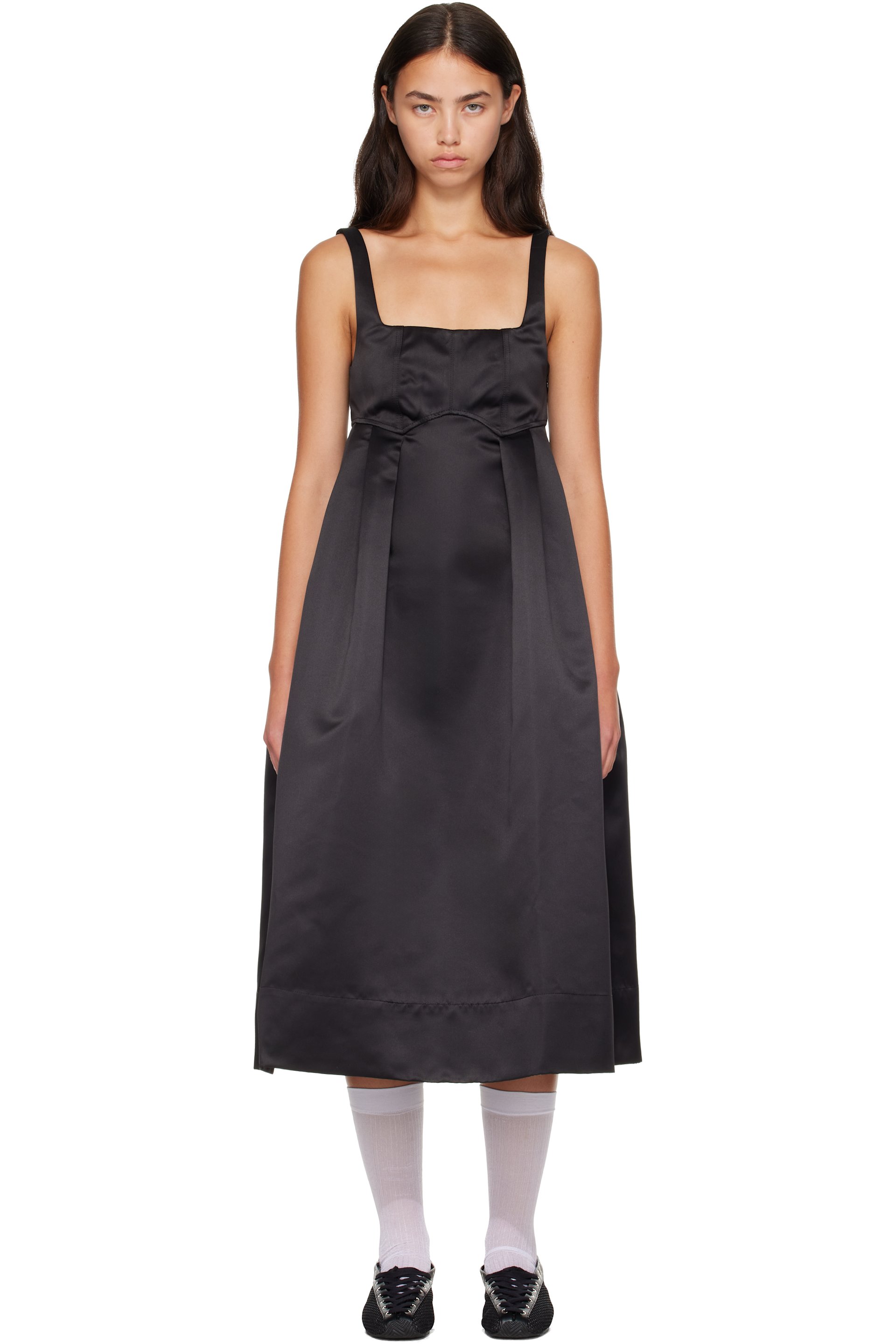 GANNI - Black Duchesse Satin Corset Midi Dress