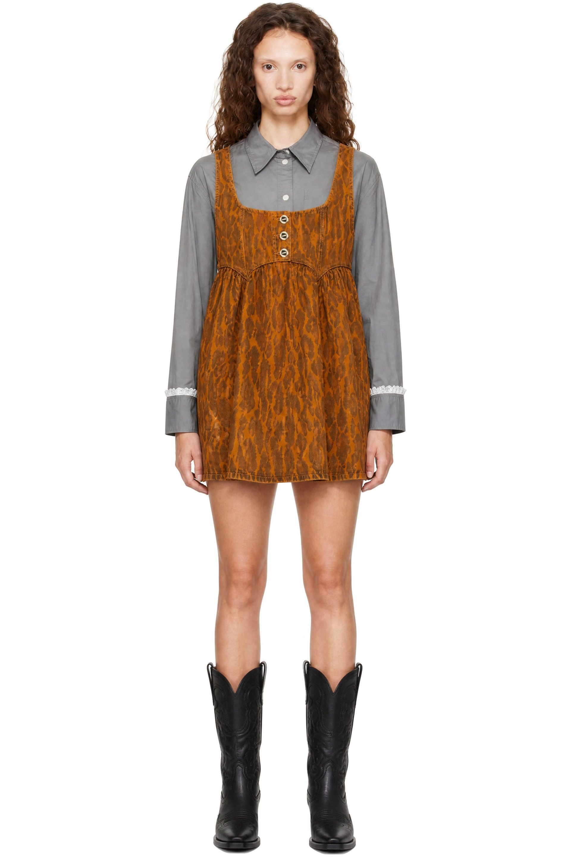GANNI - Robe courte orange en denim à léopard