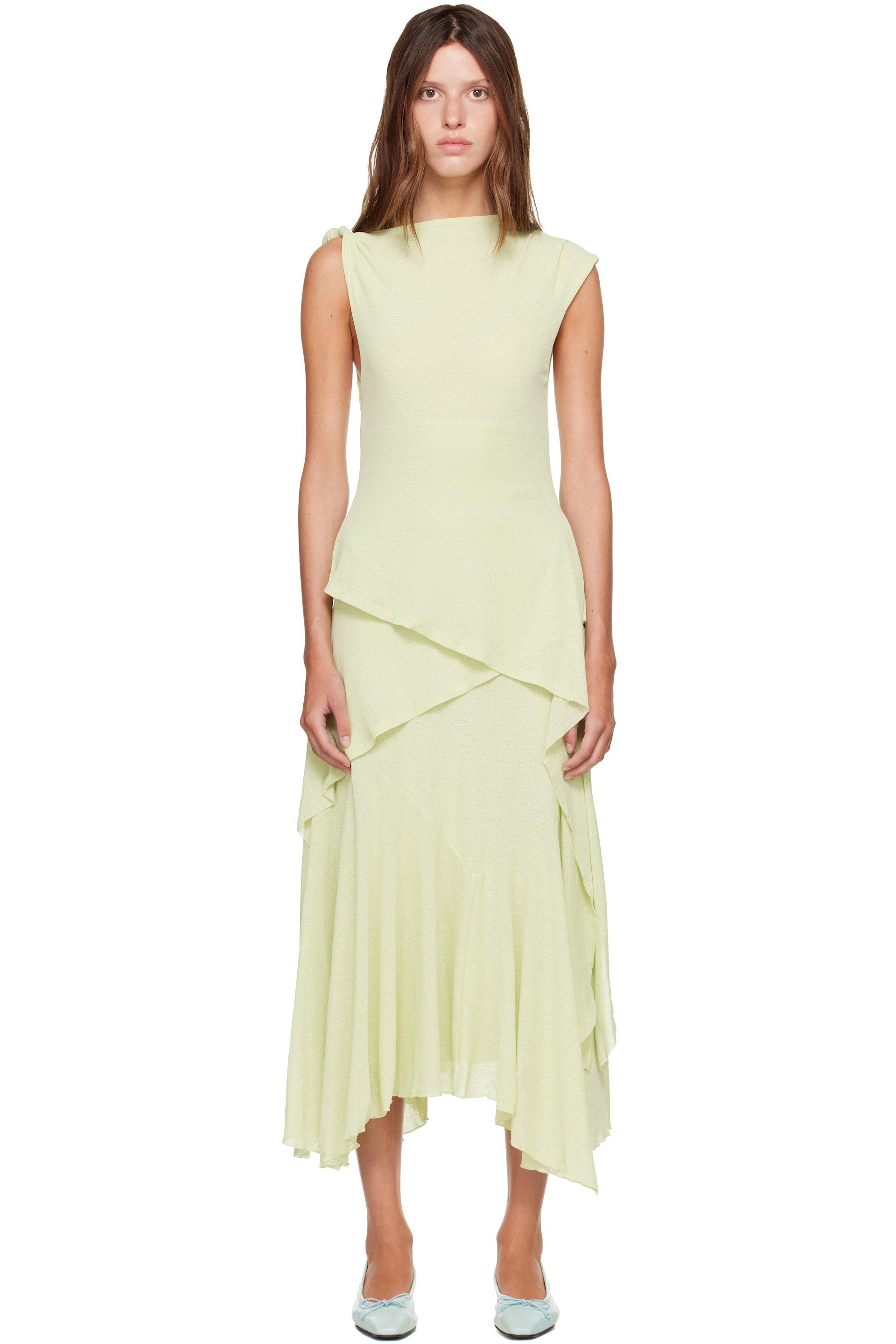 GANNI - Green Marl Mesh Draped Knot Detailing Maxi Dress