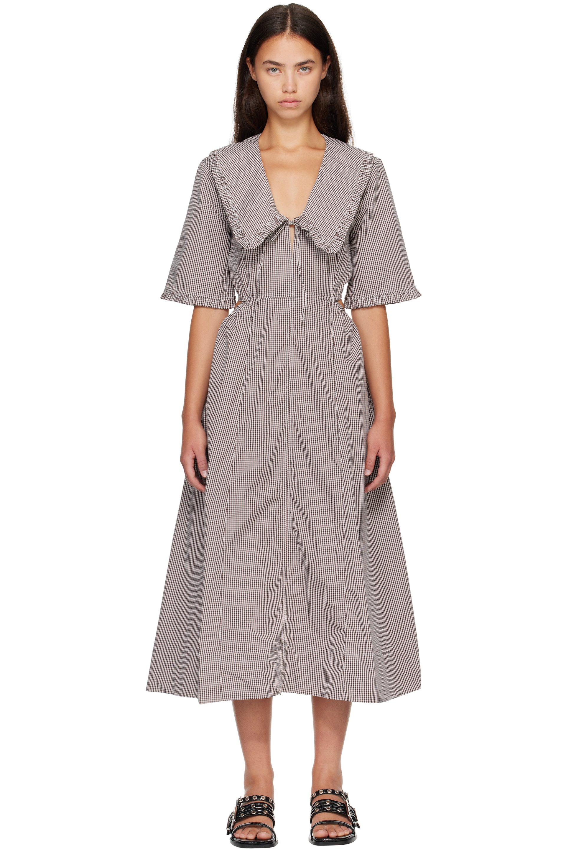 GANNI - Robe midi brun et blanc en coton à carreaux et à découpe