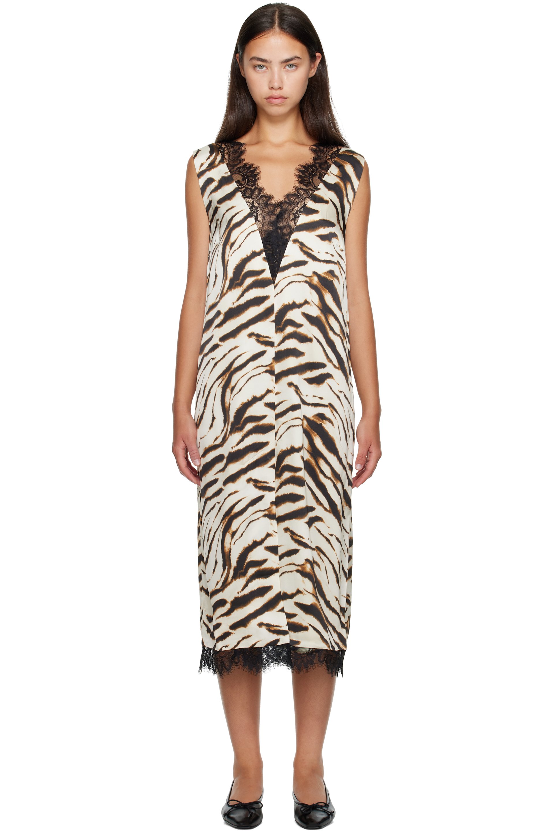 GANNI - Off-White & Brown Zebra Satin Midi Dress