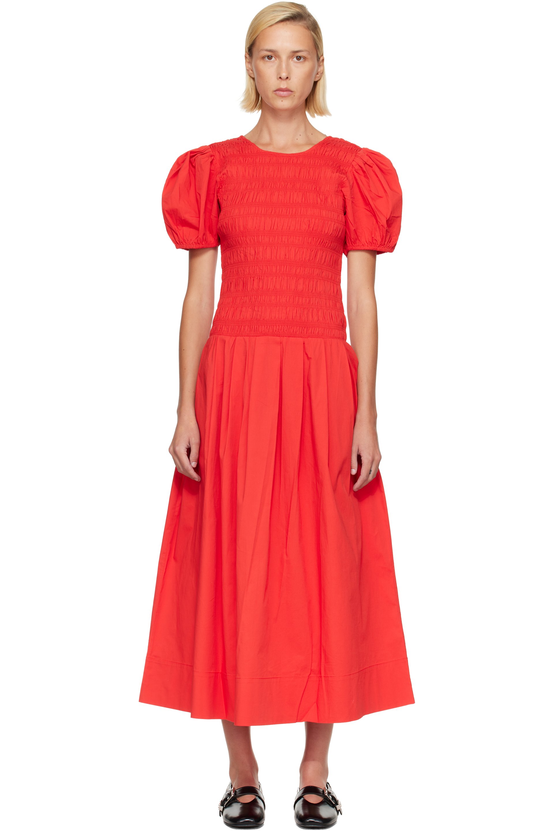 GANNI - Red Smocked Cotton Midi Dress