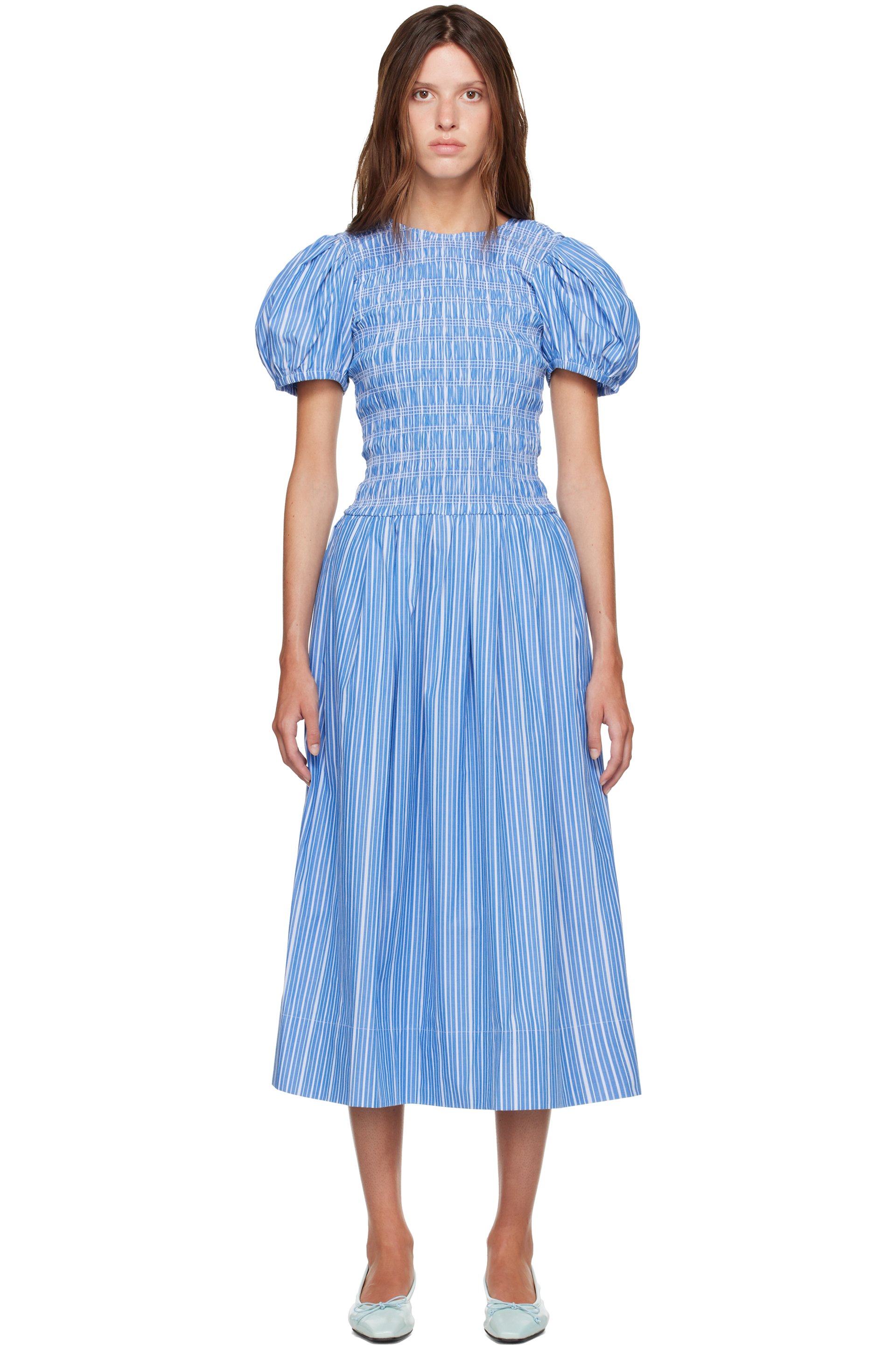 GANNI - Navy Striped Cotton Midi Dress