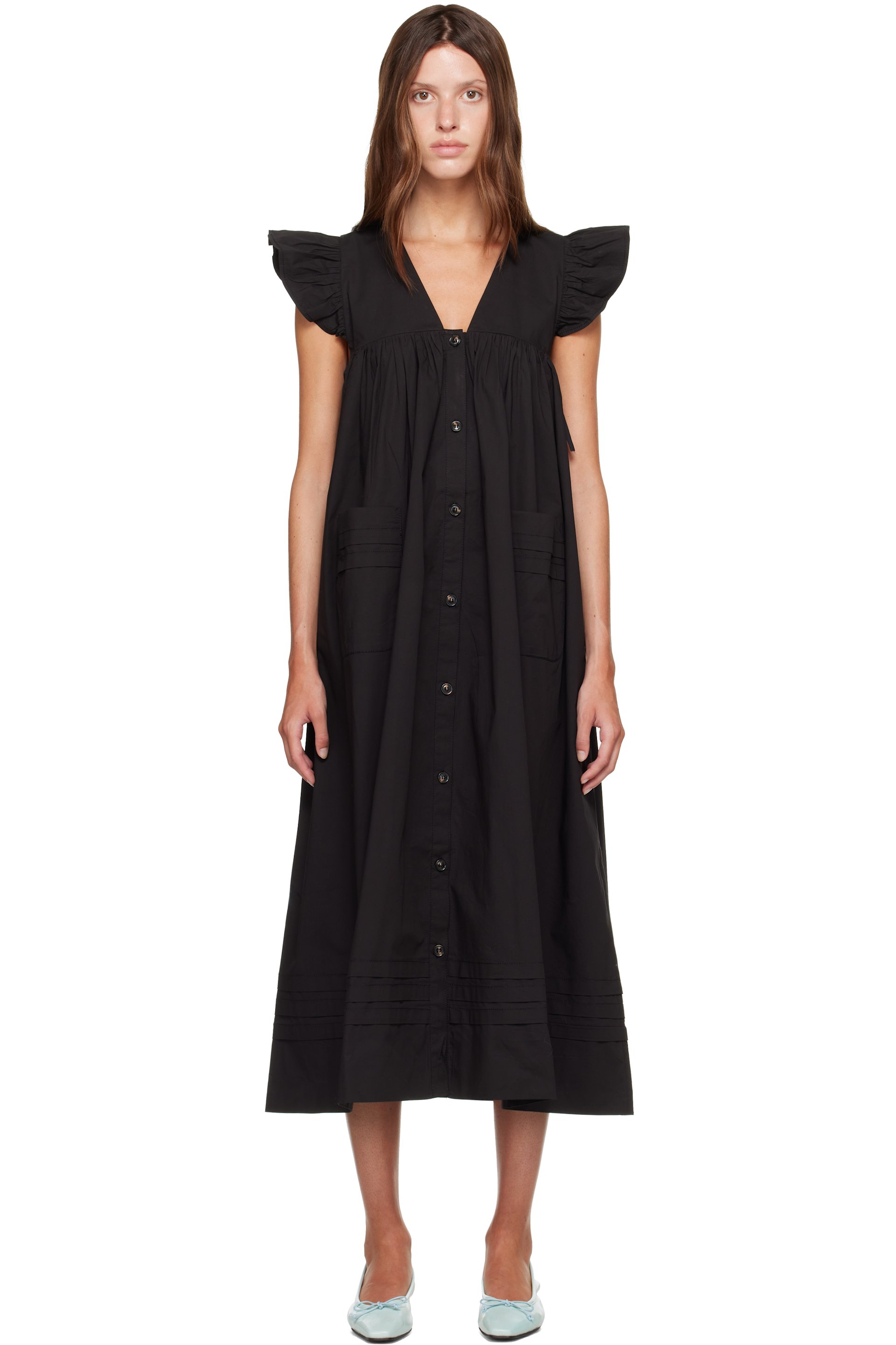 GANNI - Black Stretch Cotton Angel Maxi Dress