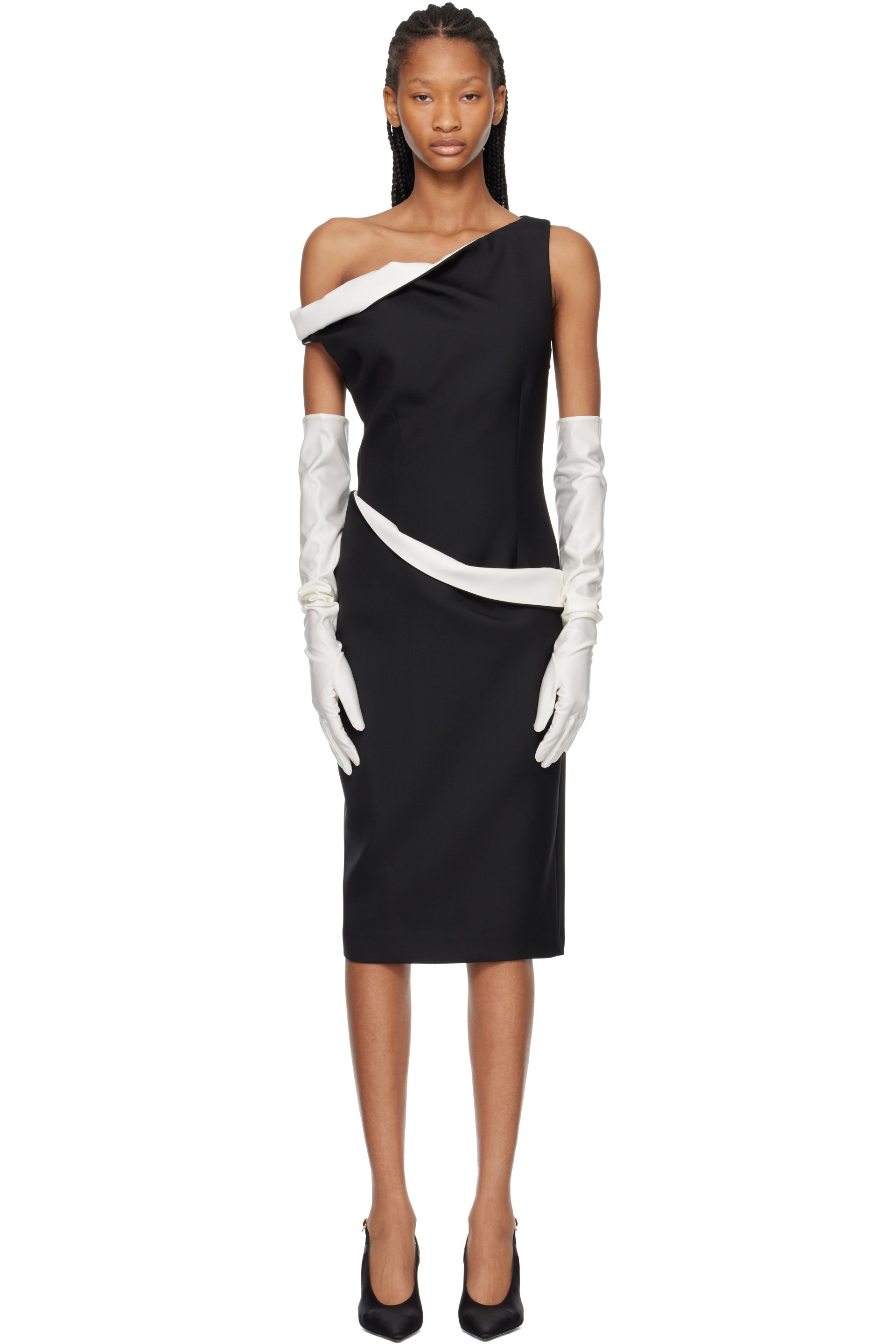 Róhe - Robe midi sculpturale noire à épaule dénudée