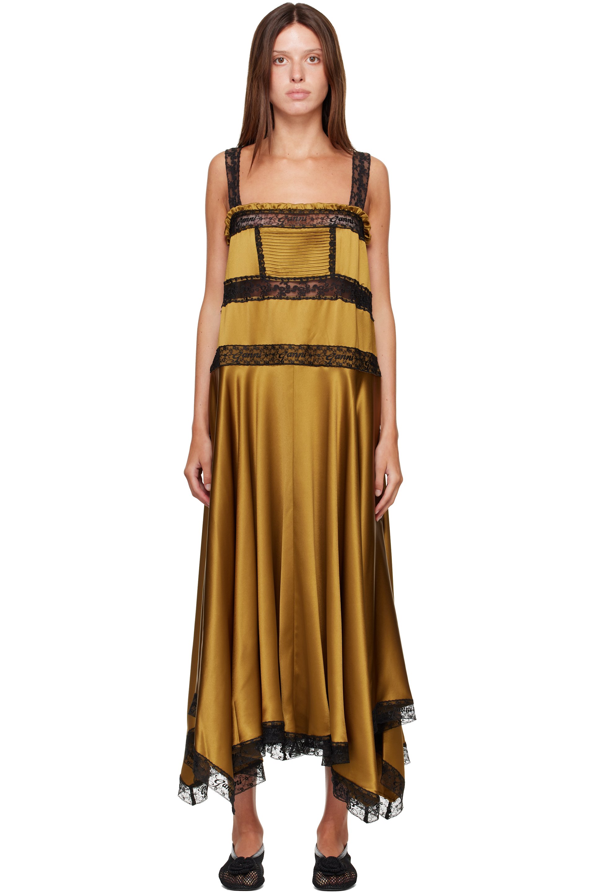 GANNI - Khaki Satin Maxi Dress