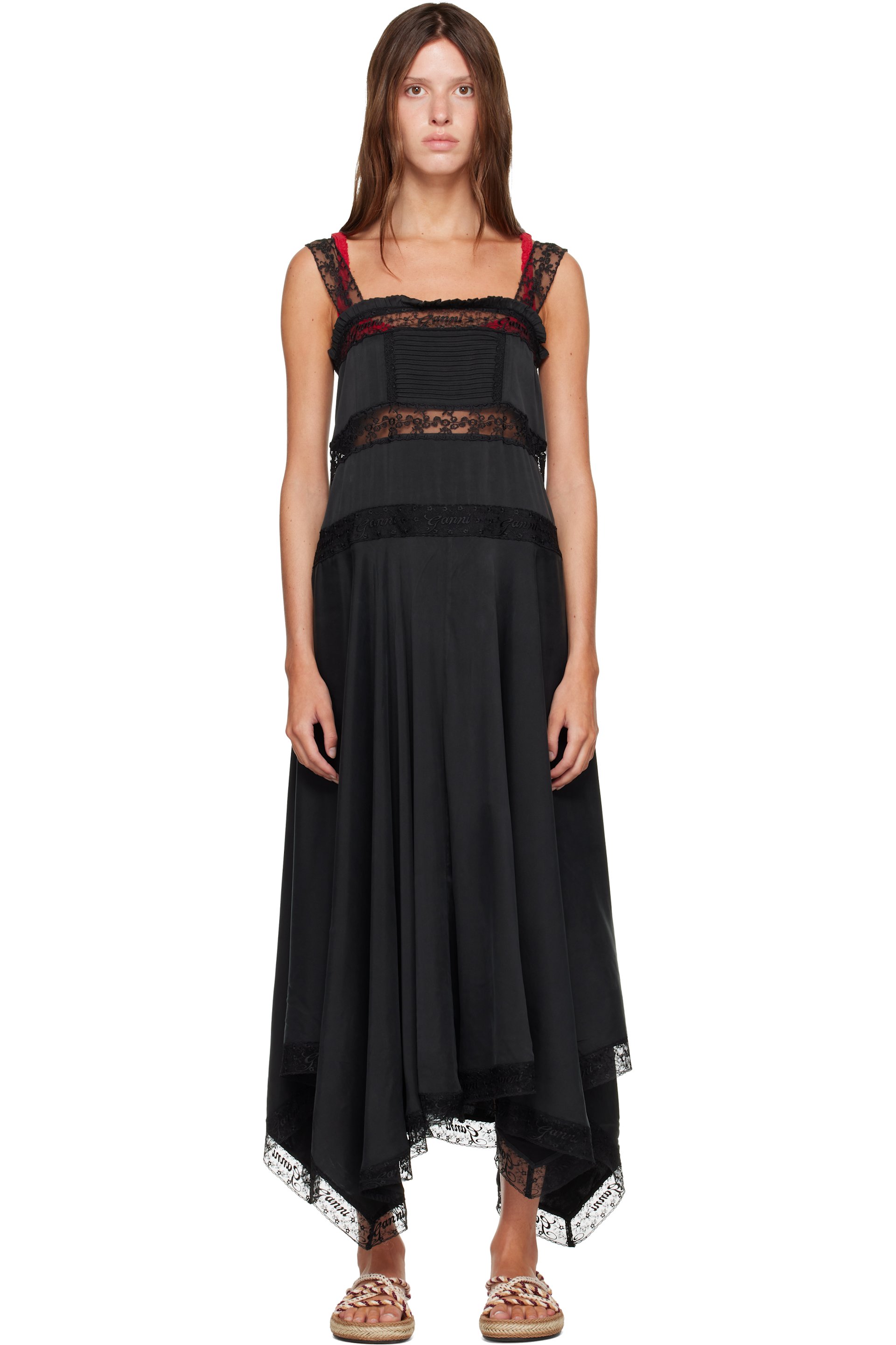 GANNI - Black Sandwashed Silk Satin Slip Maxi Dress