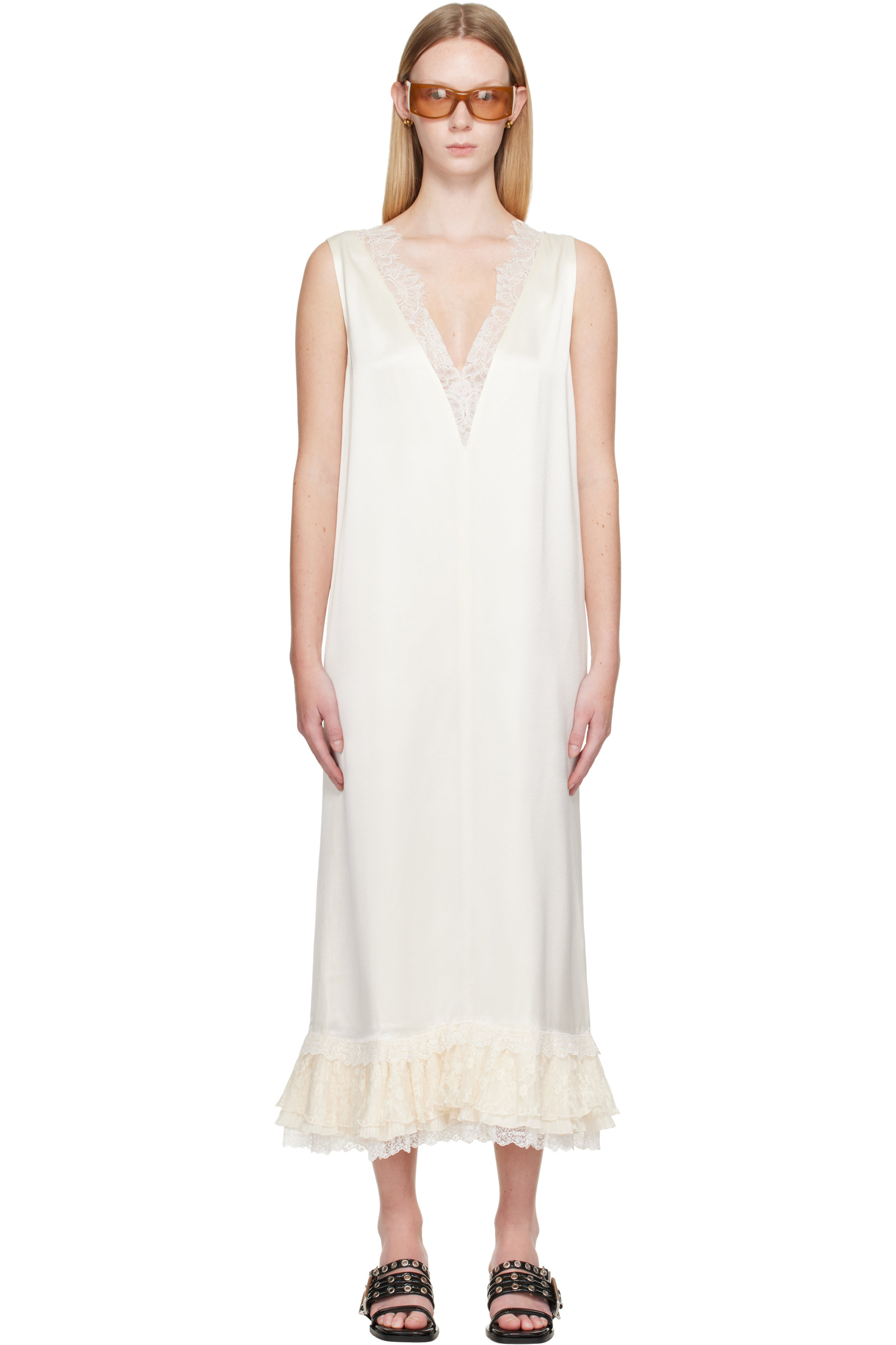 GANNI - Off-White Lace Satin Maxi Dress