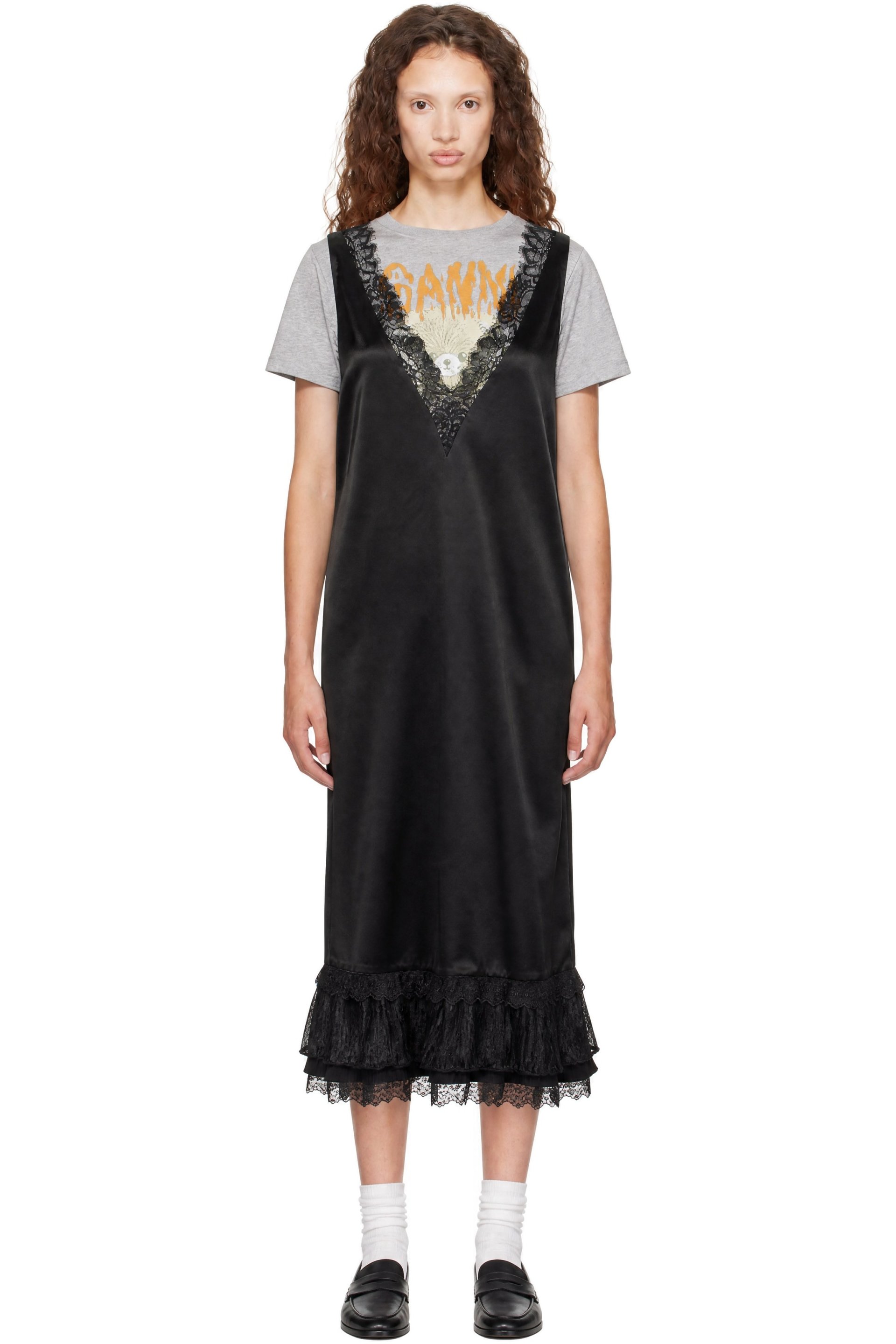GANNI - Black Lace Satin Maxi Dress