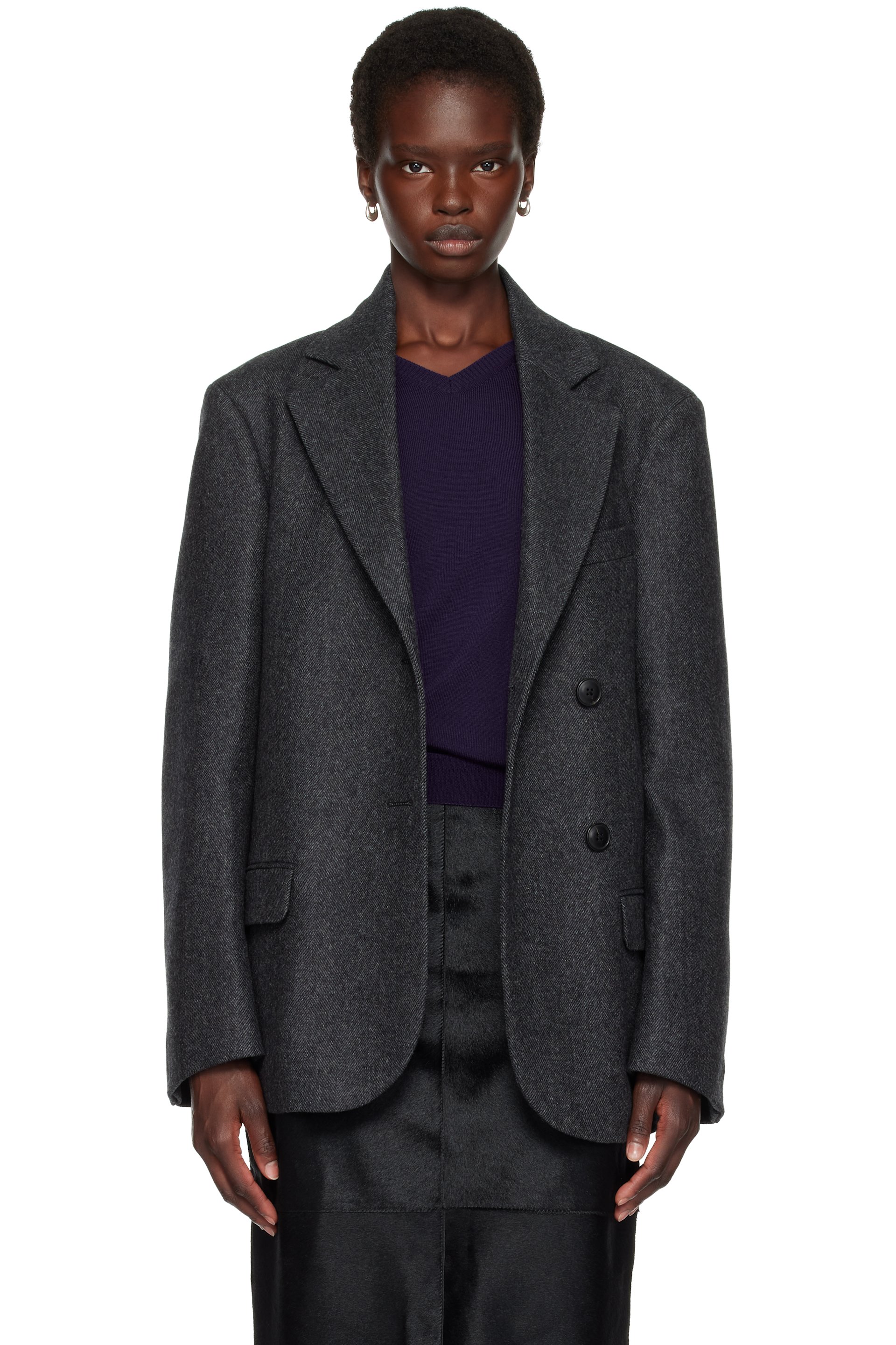 Róhe - Gray Double-Breasted Herringbone Blazer