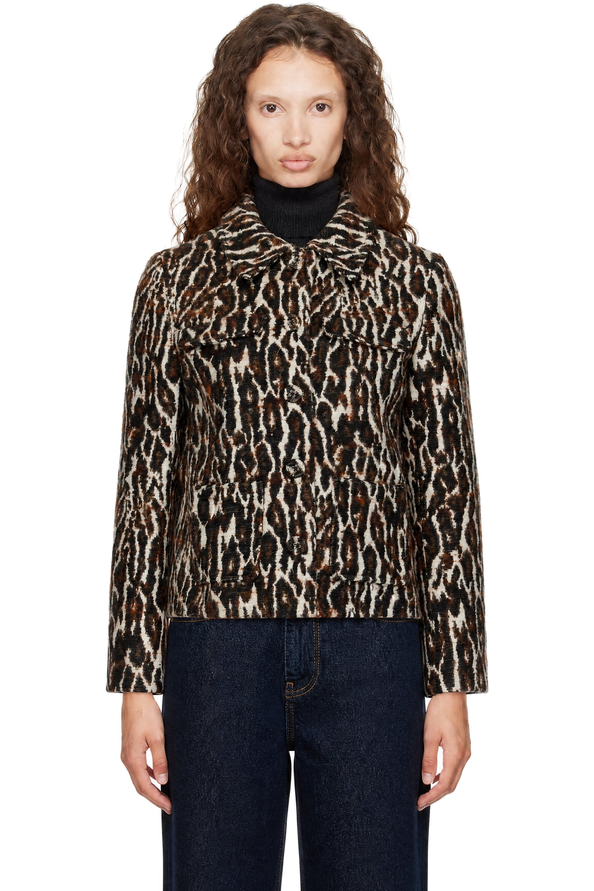 GANNI - Brown Brushed Leopard Jacquard Blazer