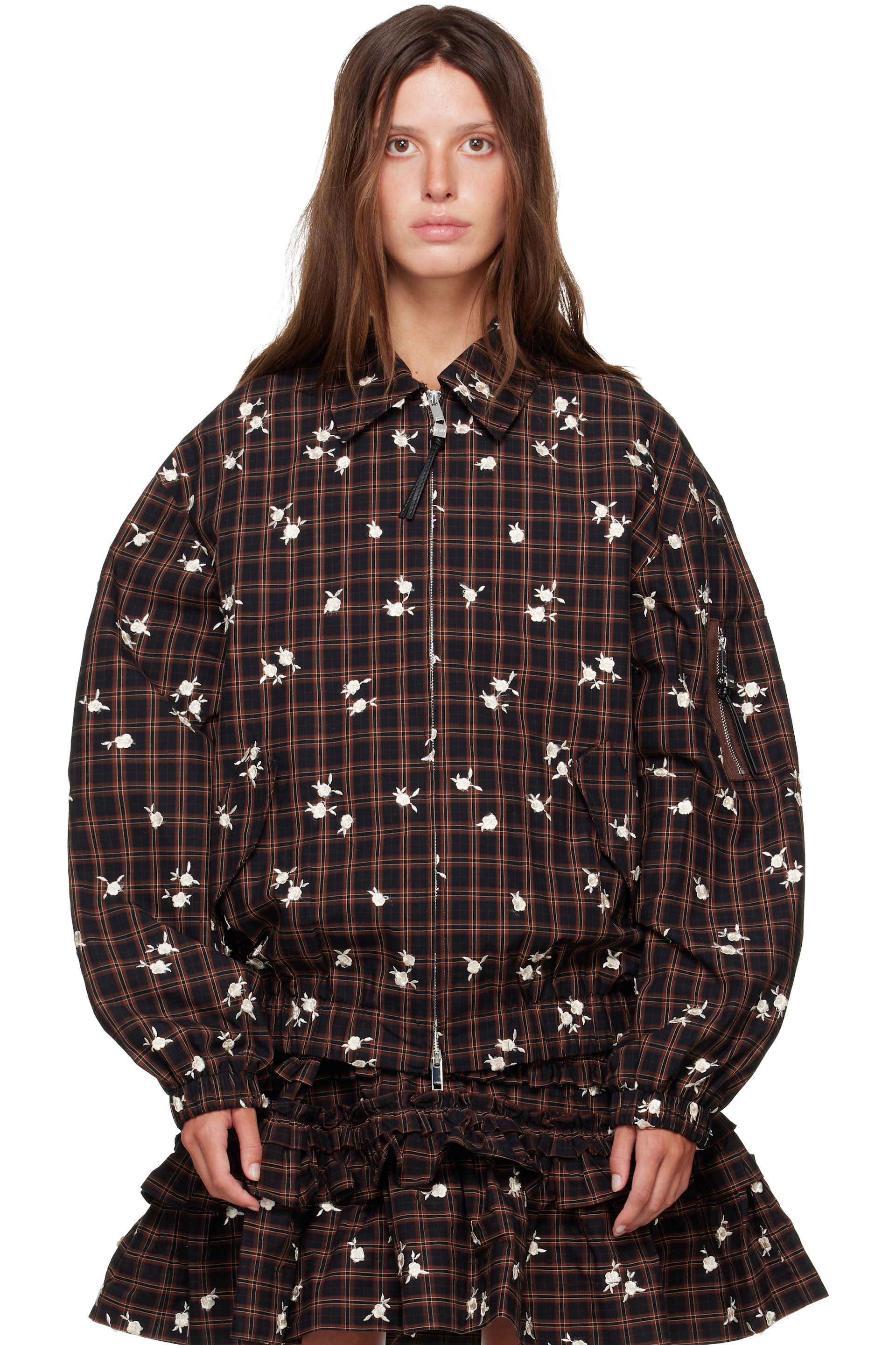 GANNI - Brown Printed Check Bomber Jacket